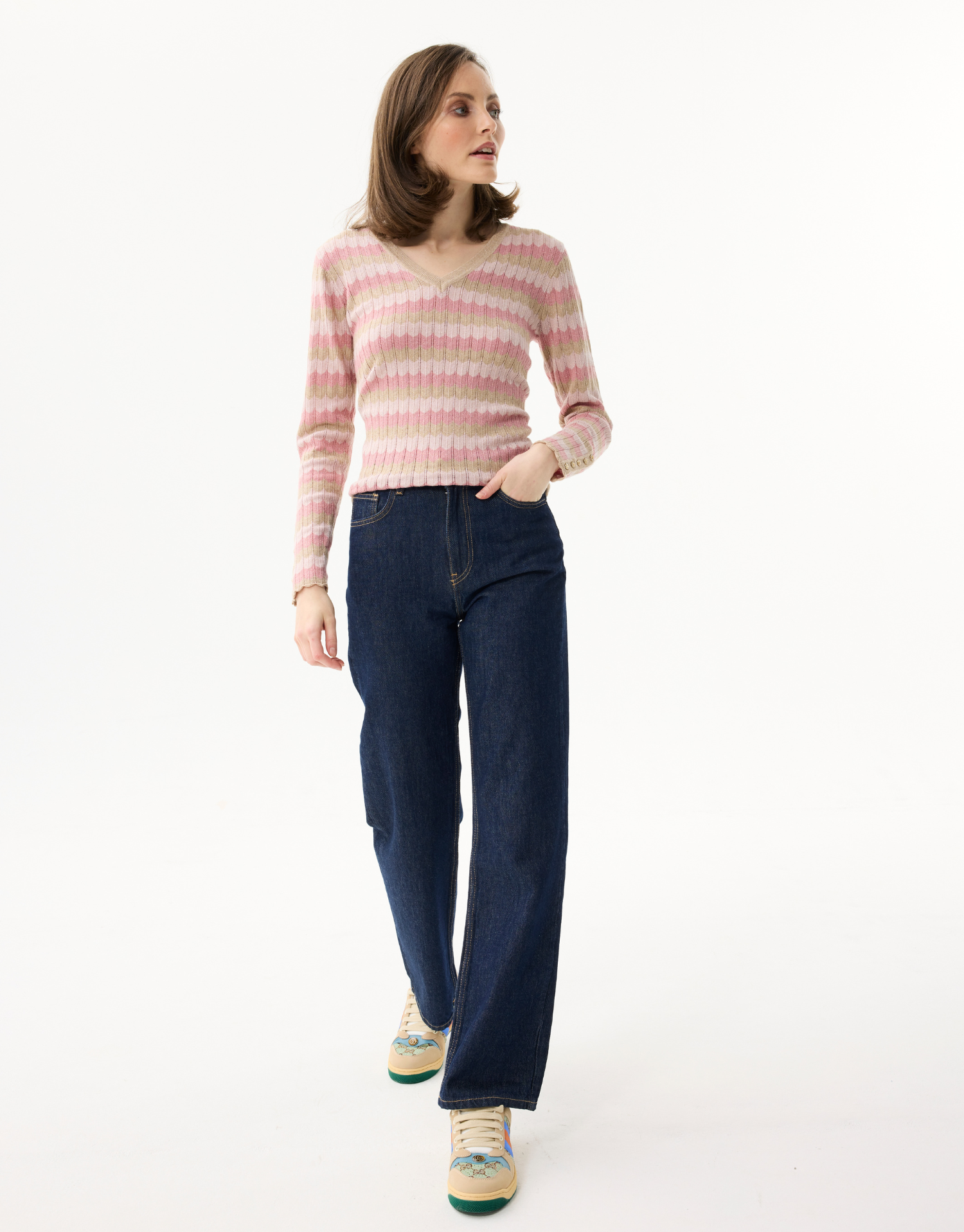 Pull femme à rayures scintillantes col V