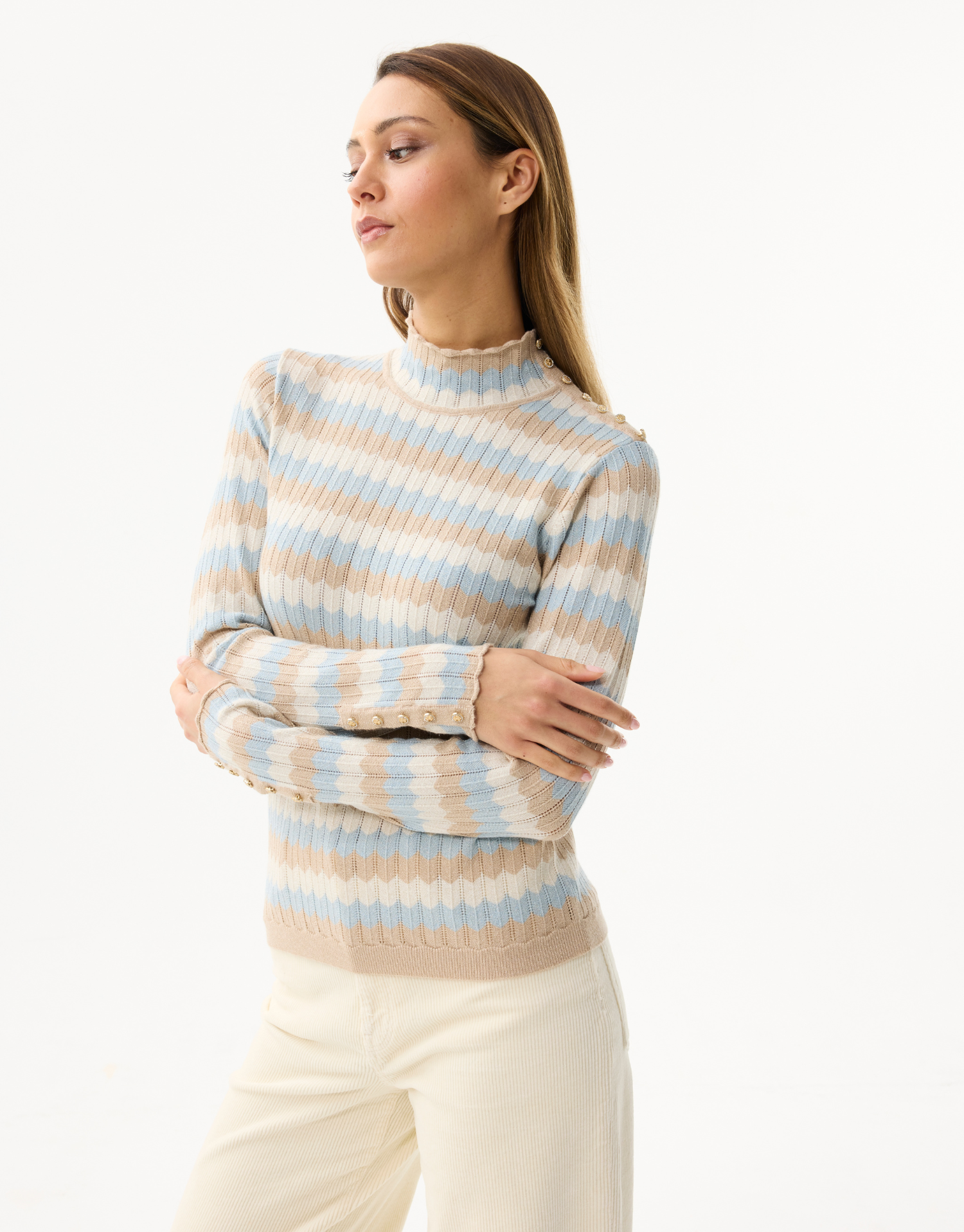 Women's striped shimmering turtleneck sweater