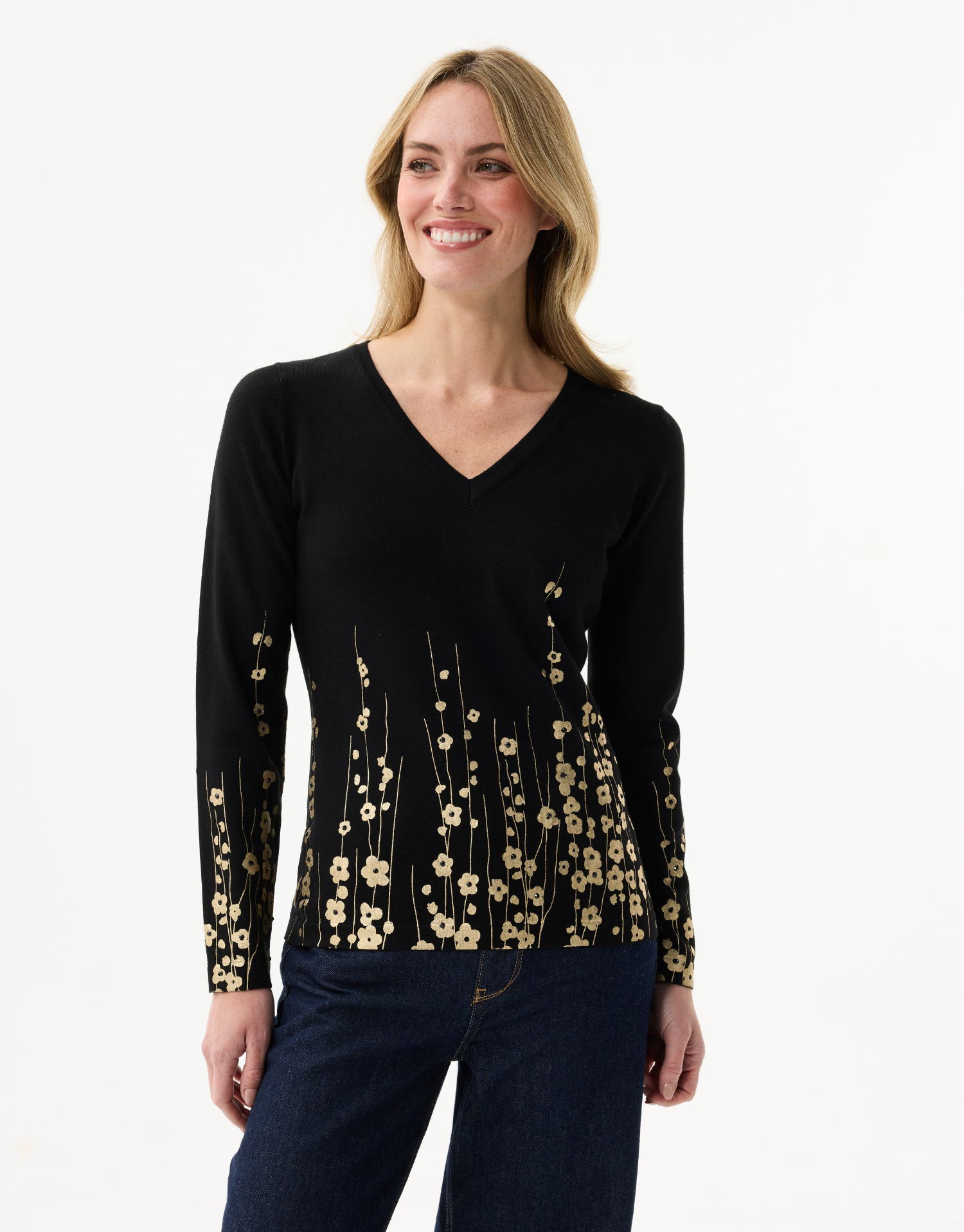 Women's V-neck sparkling floral pattern top