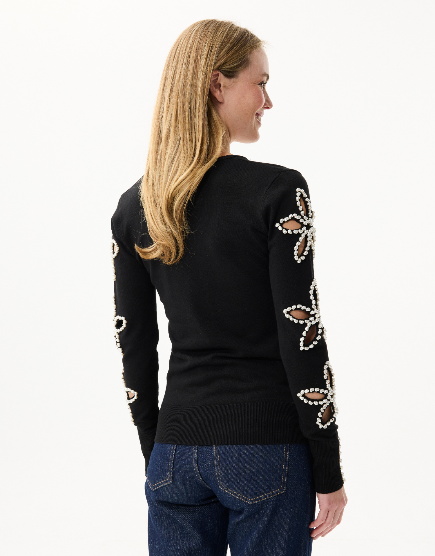 Beaded floral pattern knit sweater