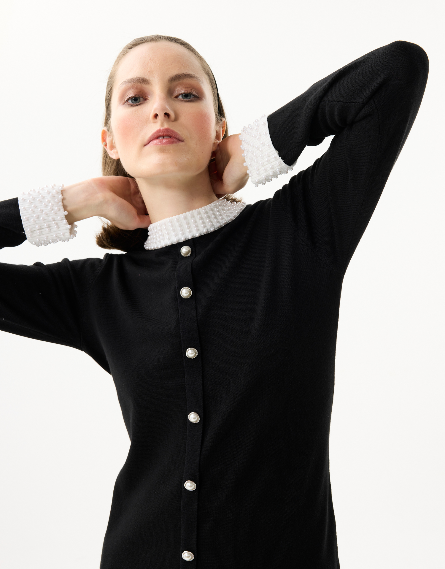 Women's black cardigan with contrasting collar