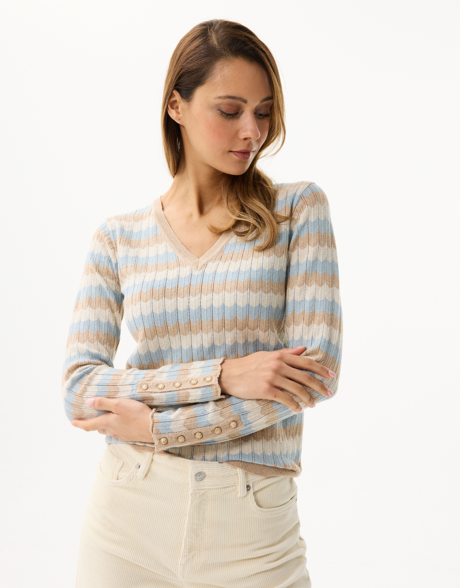 Pull femme à rayures scintillantes col V