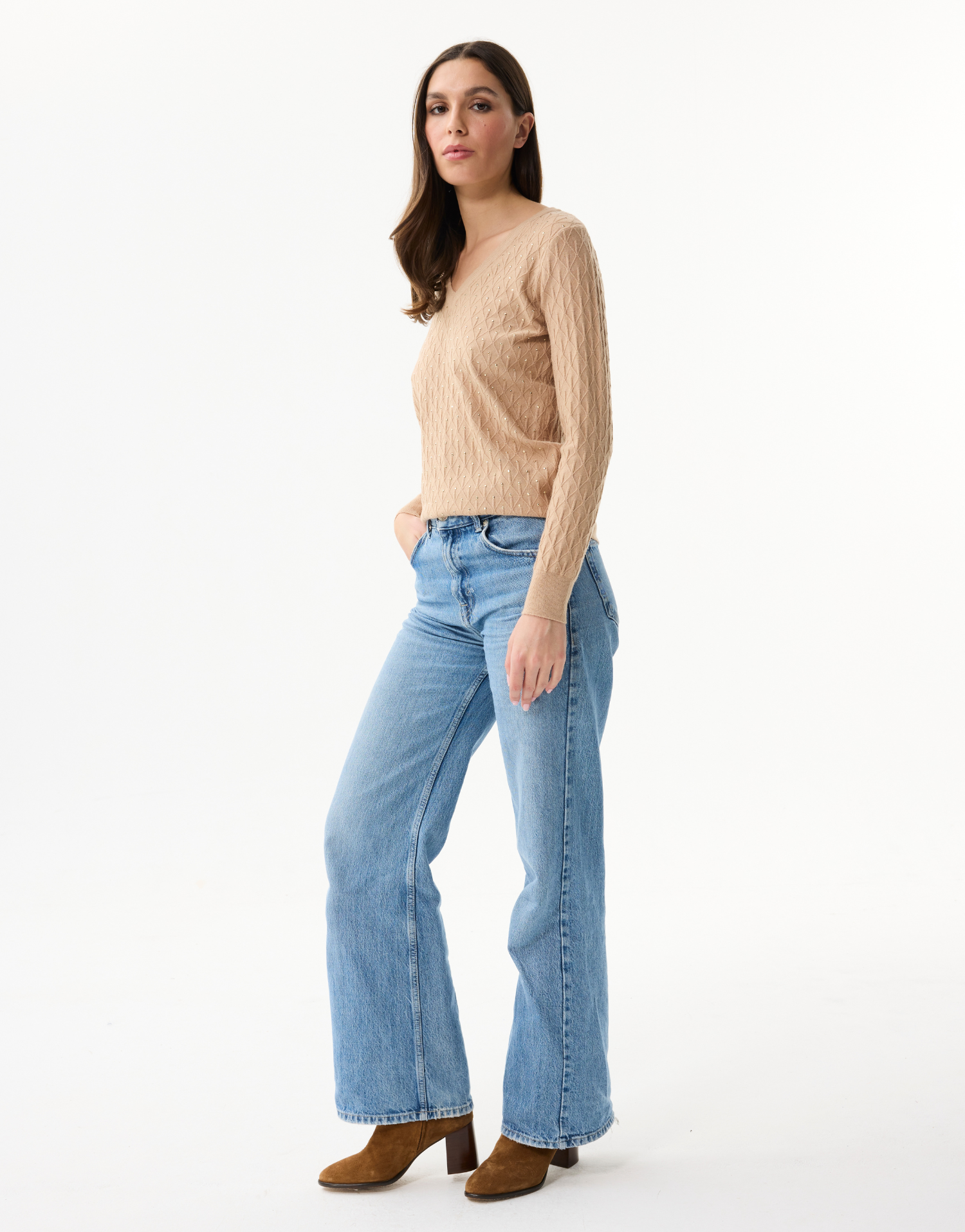 Women's openwork knit V-neck sweater with rhinestones