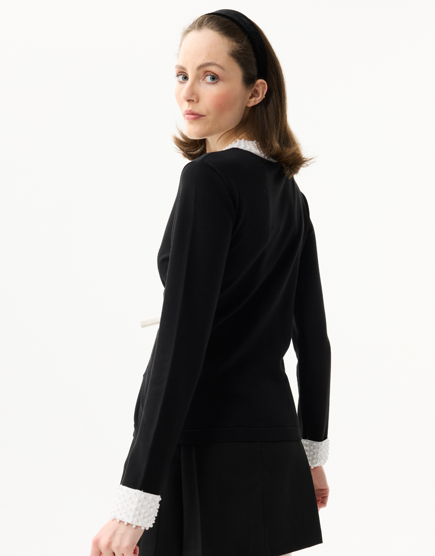 Women's black cardigan with contrasting collar