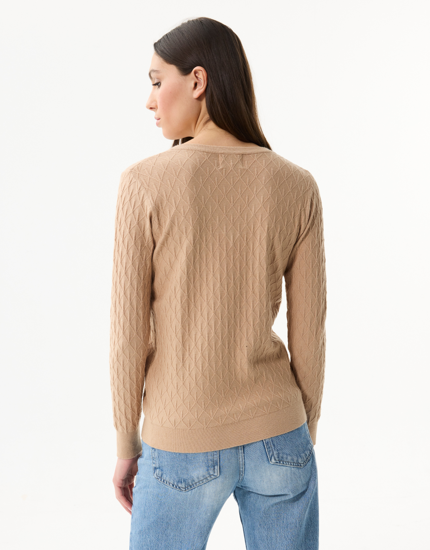 Women's openwork knit V-neck sweater with rhinestones