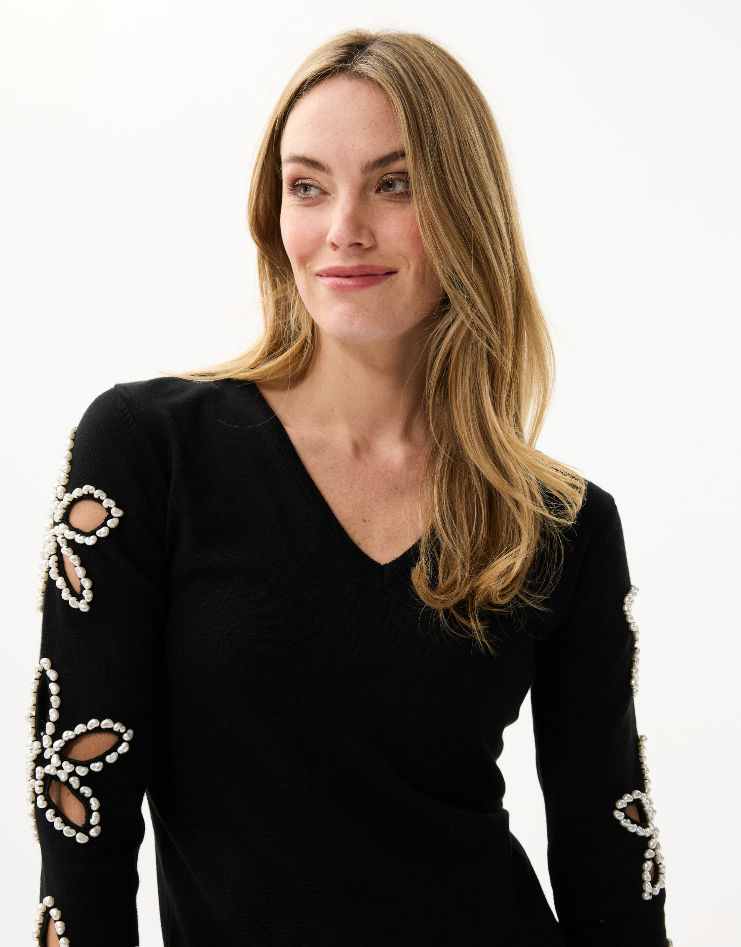 Beaded floral pattern knit sweater
