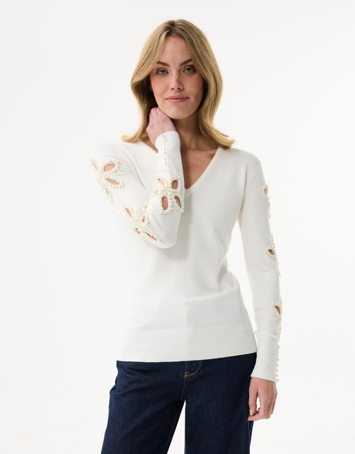Beaded floral pattern knit sweater