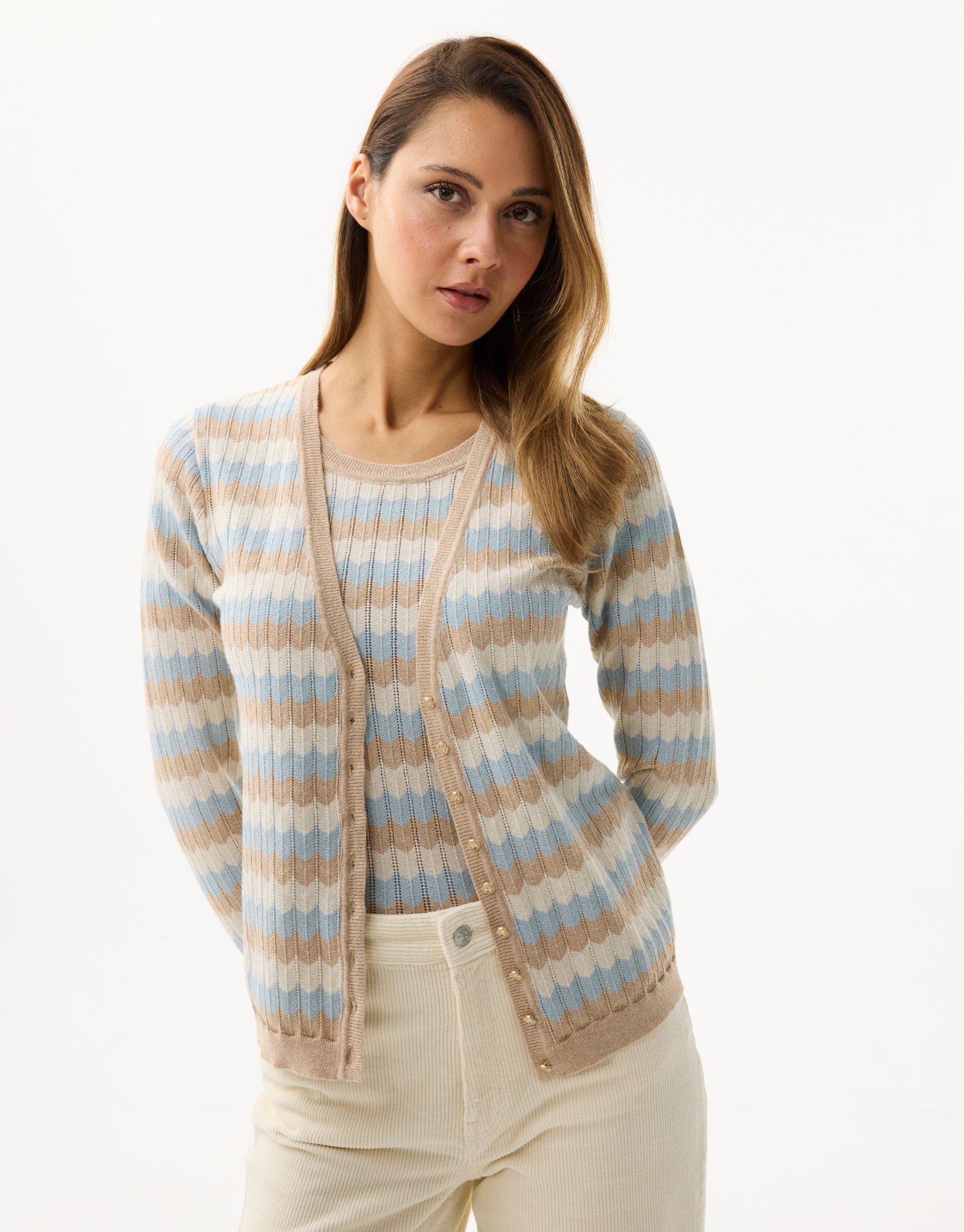Women's striped twin-set in sparkling knit
