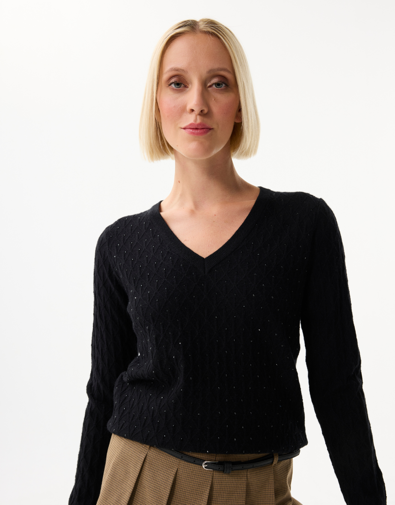 Women's openwork knit V-neck sweater with rhinestones