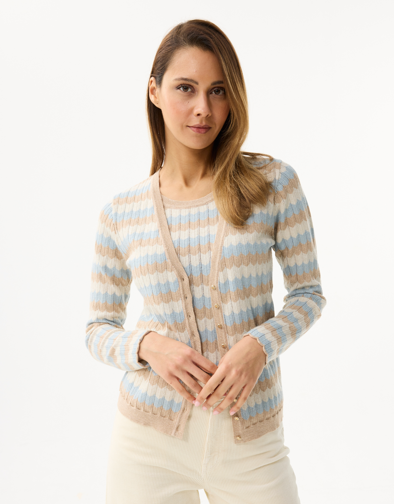 Women's striped twin-set in sparkling knit