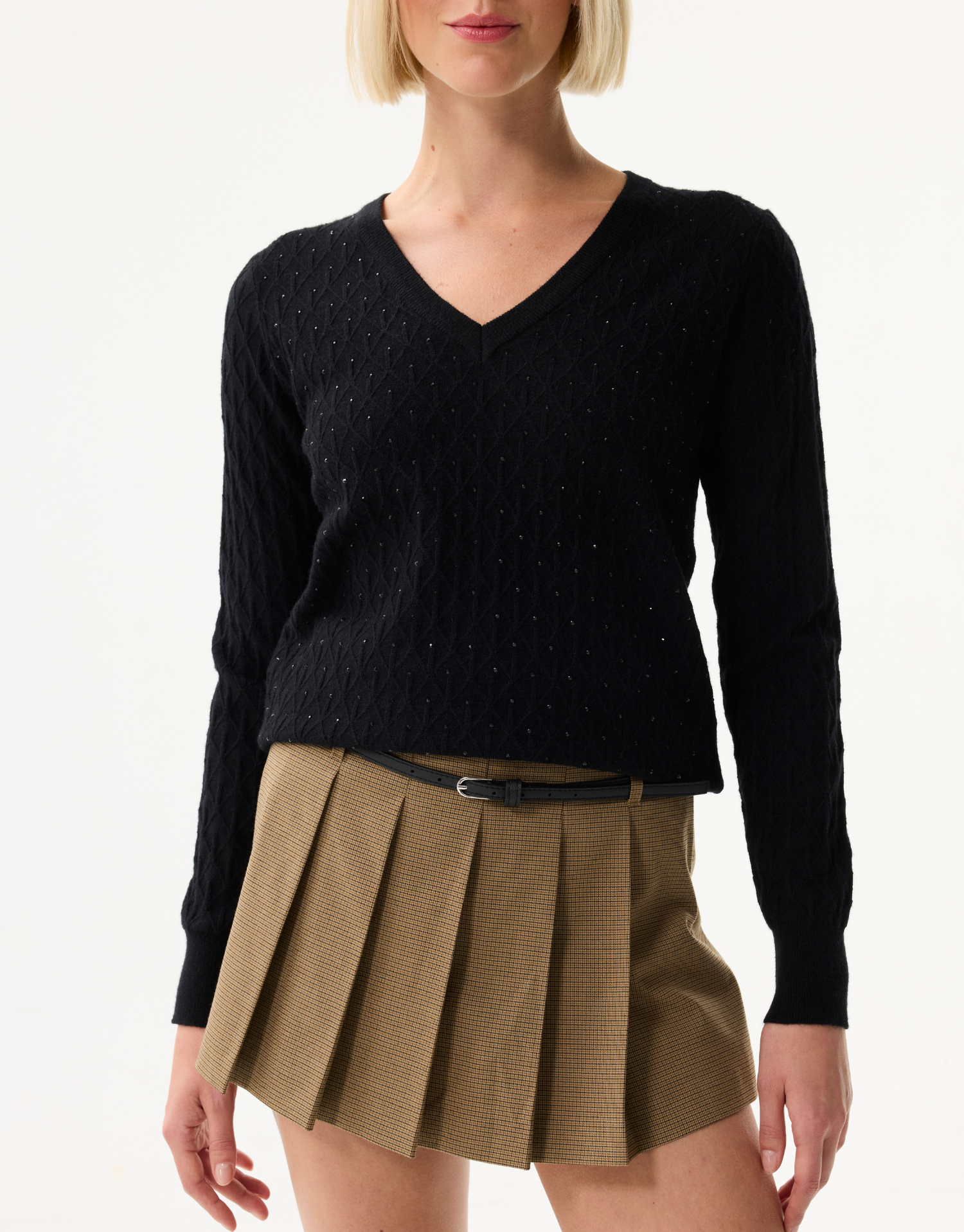 Women's openwork knit V-neck sweater with rhinestones