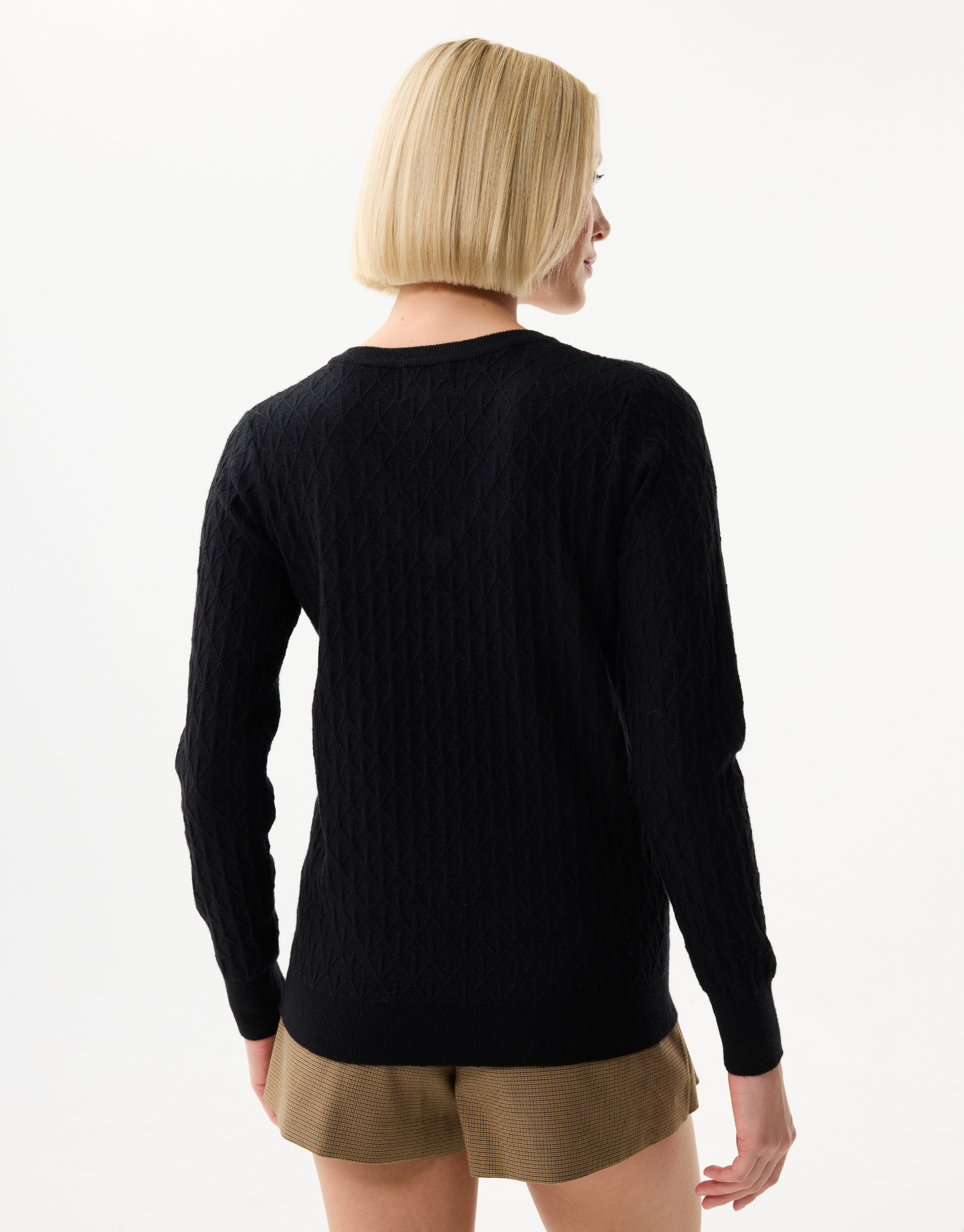 Women's openwork knit V-neck sweater with rhinestones