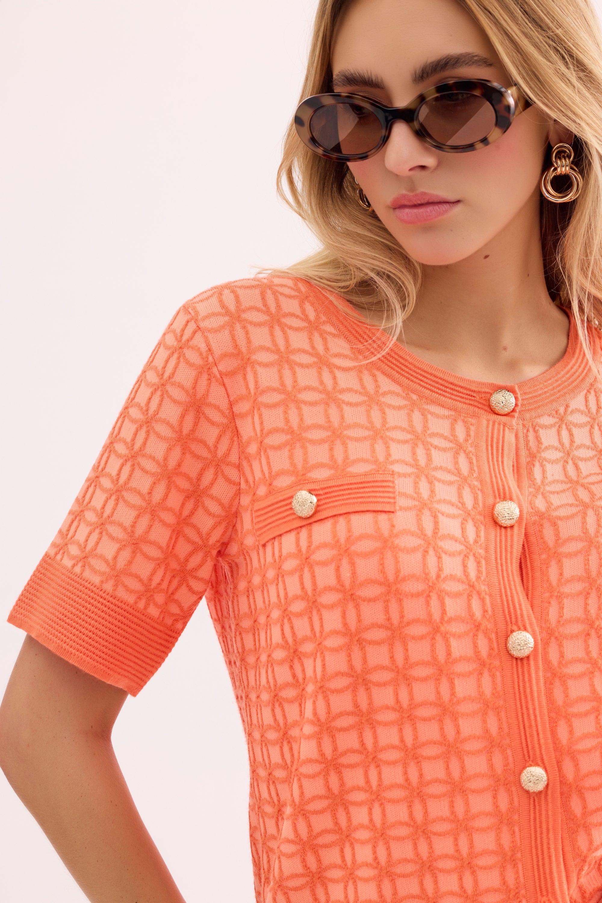 Top maille ajourée manches courtes orange