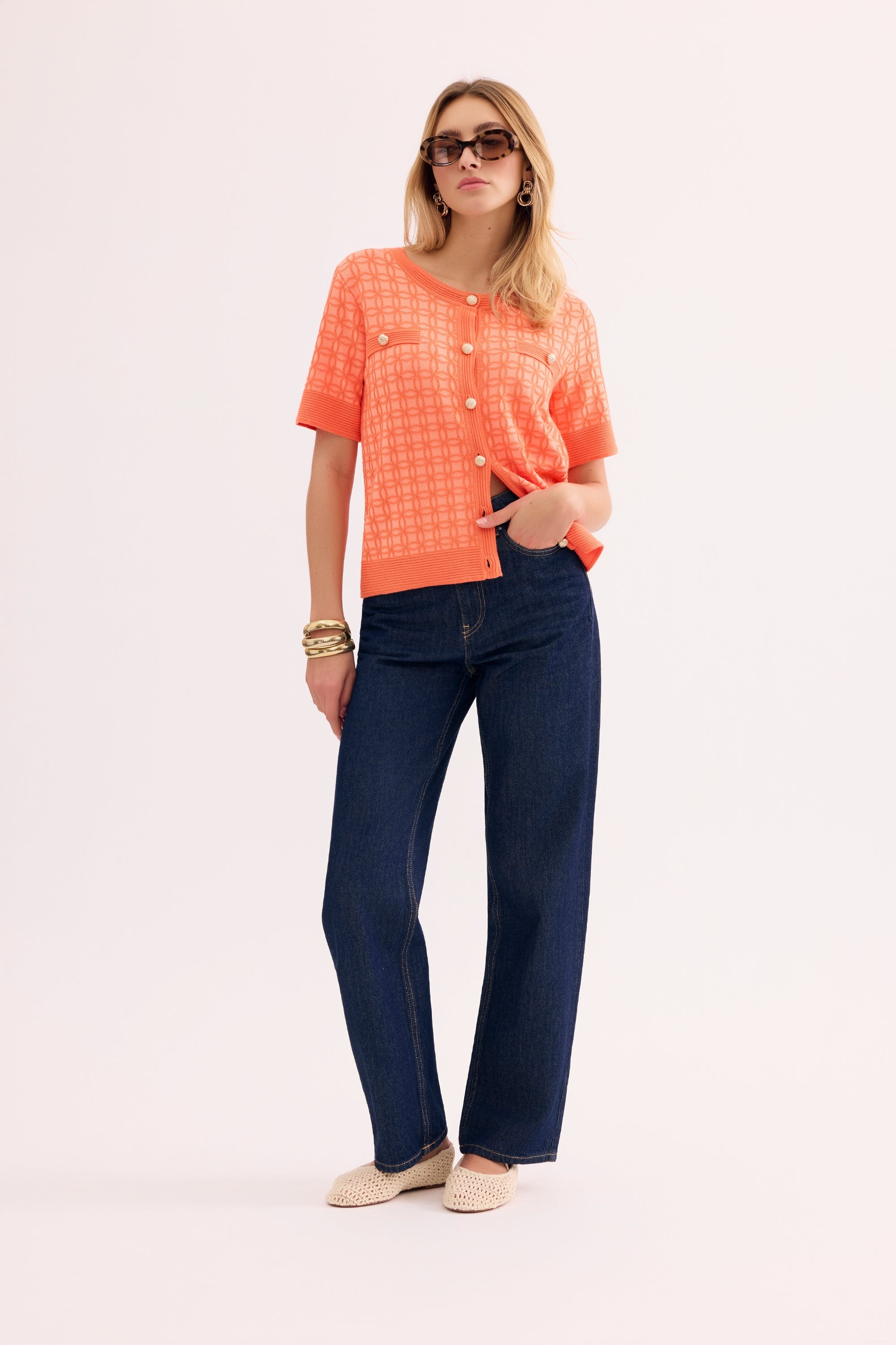 Top maille ajourée manches courtes orange