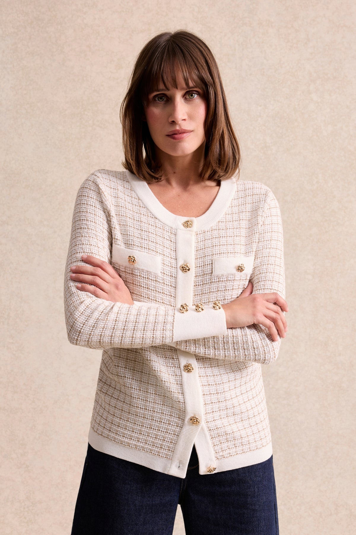 Cardigan femme en maille effet tweed écru