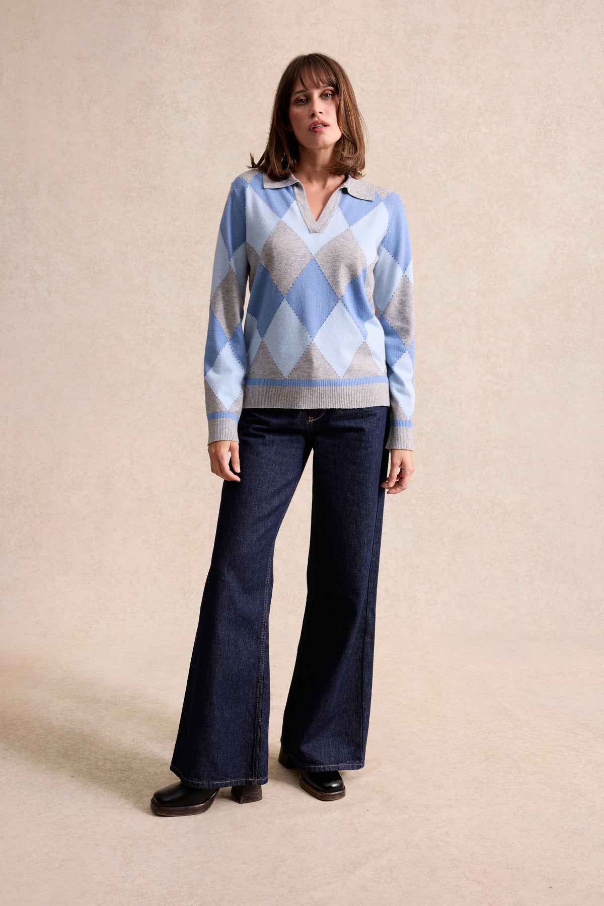 Pull col polo à losanges bleu