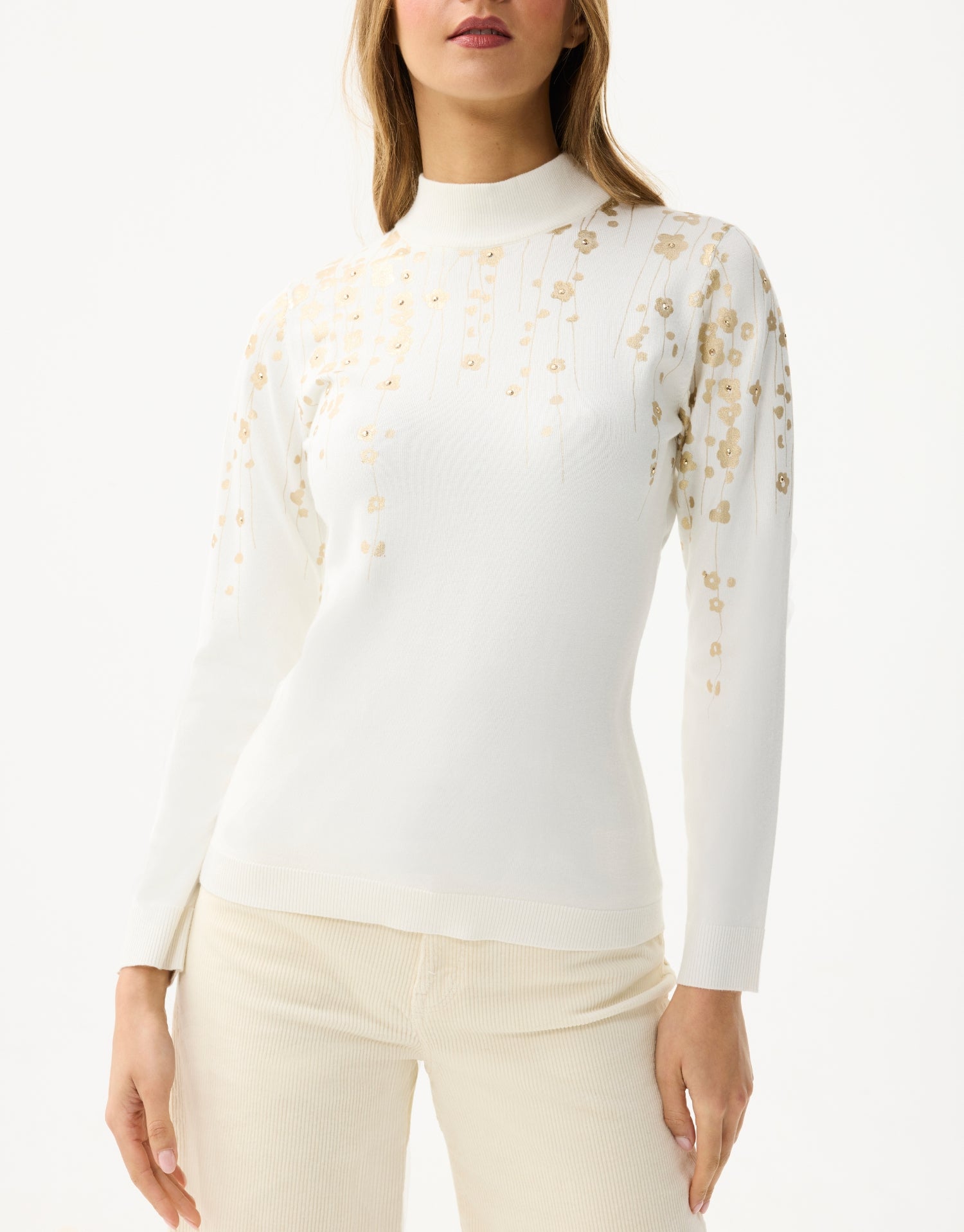 Pullover mit Stehkragen und goldenen Blumenmustern