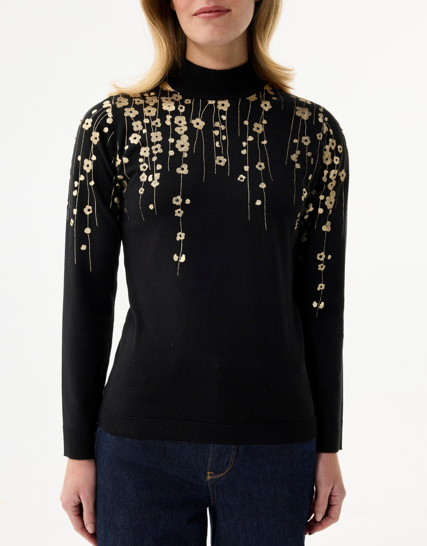Pullover mit Stehkragen und goldenen Blumenmustern