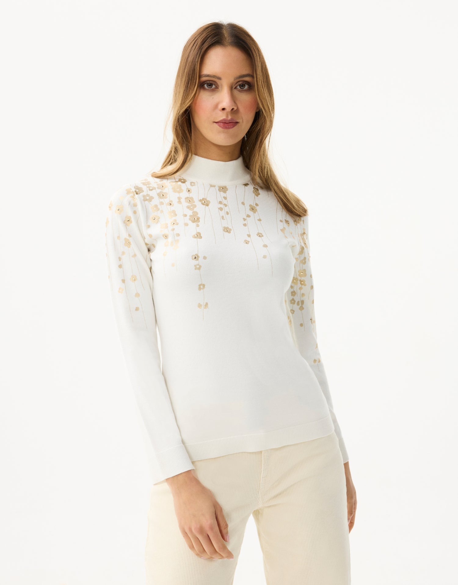 Pullover mit Stehkragen und goldenen Blumenmustern