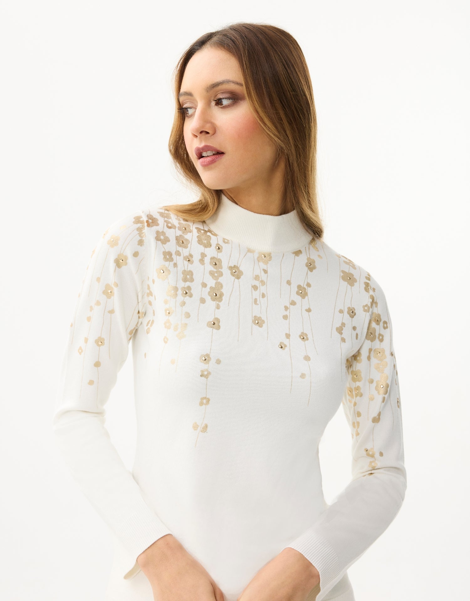 Pullover mit Stehkragen und goldenen Blumenmustern