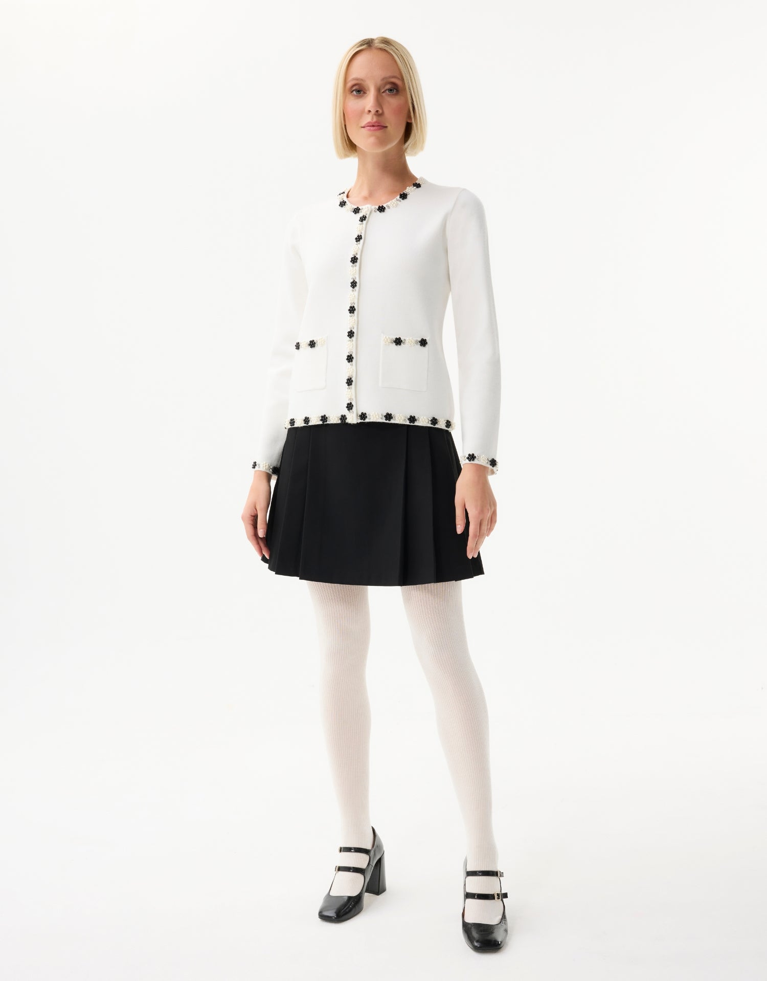 Pearl collar floral cardigan – black or ecru