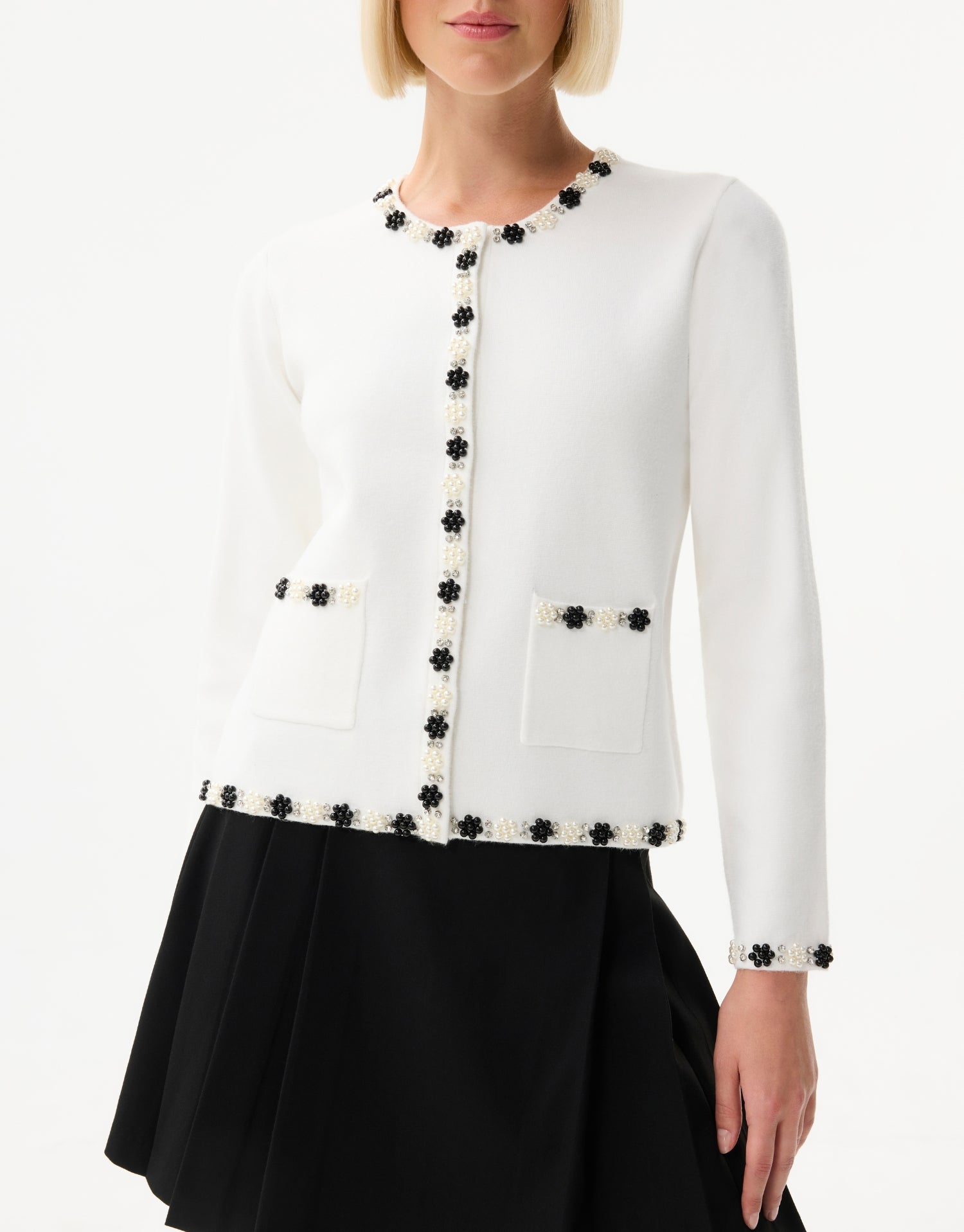 Pearl collar floral cardigan – black or ecru