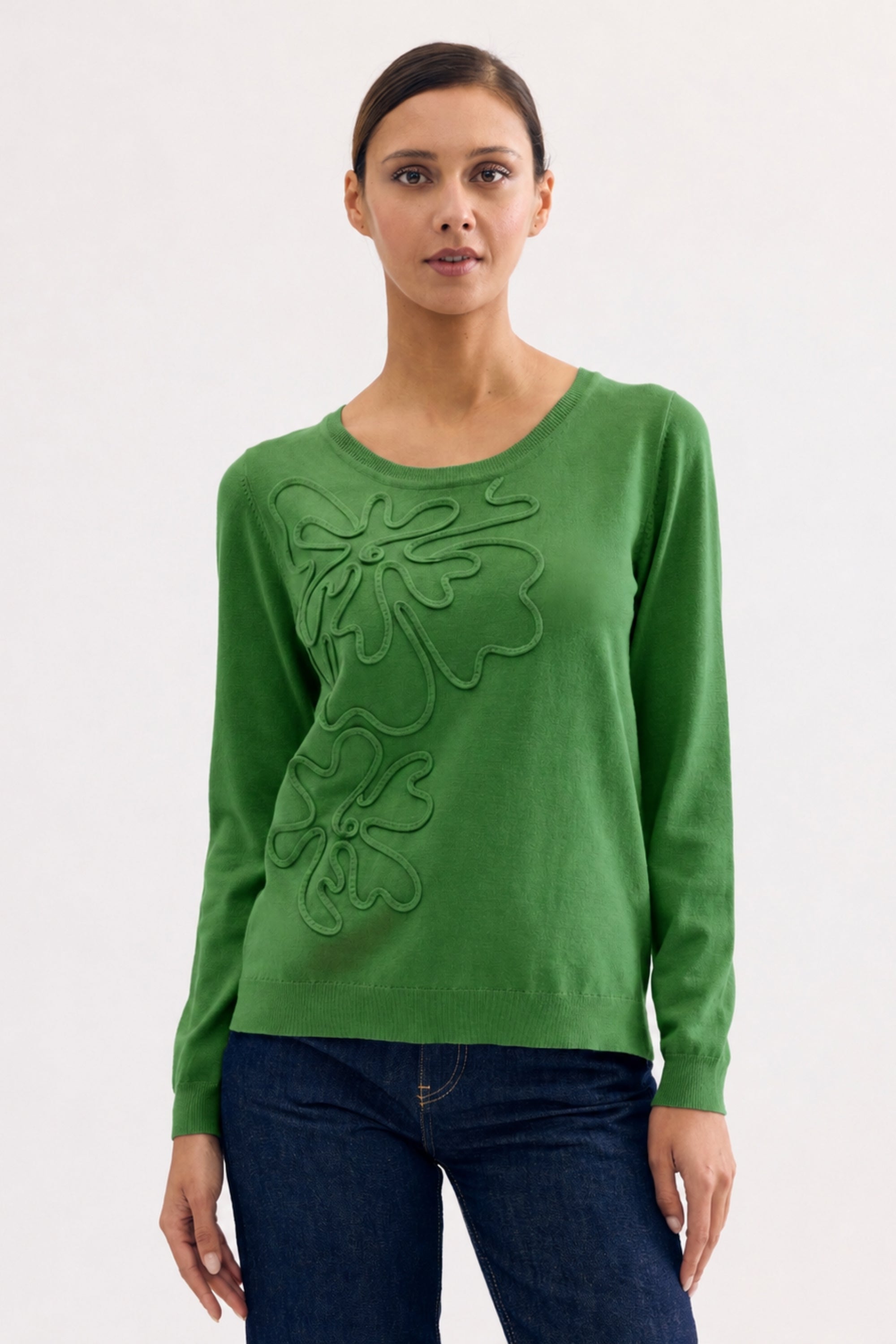 Pull à motif floral en relief vert