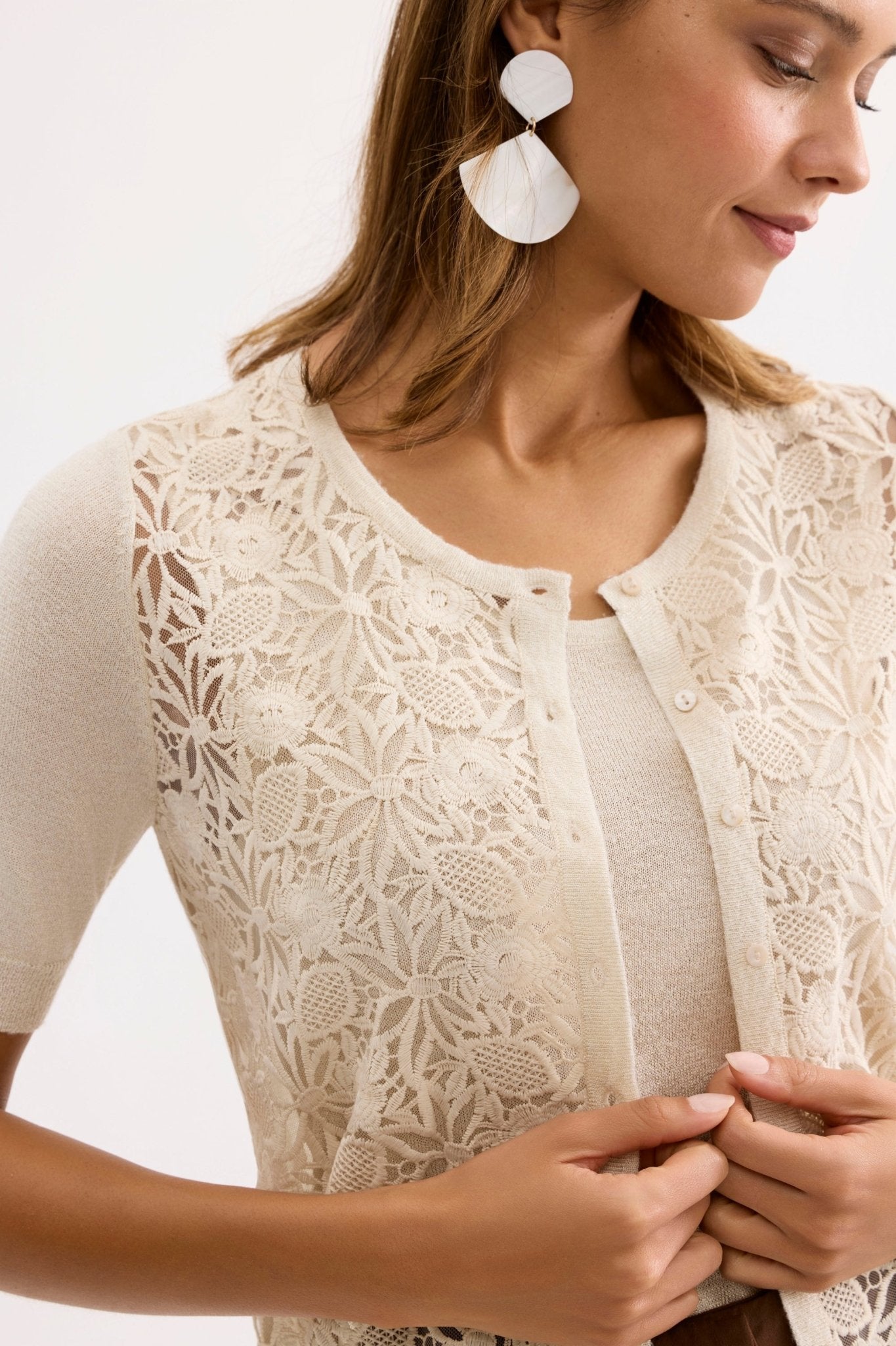 Twin-set écru maille et dentelle