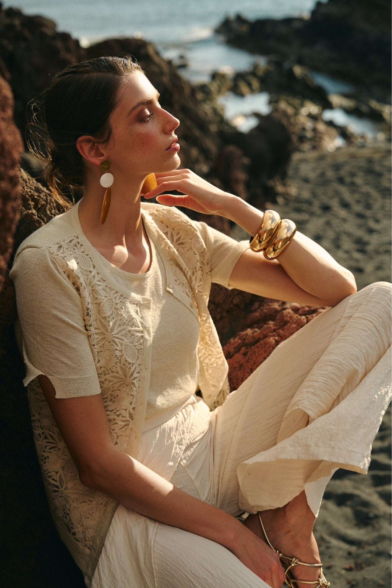 Twin-set écru maille et dentelle