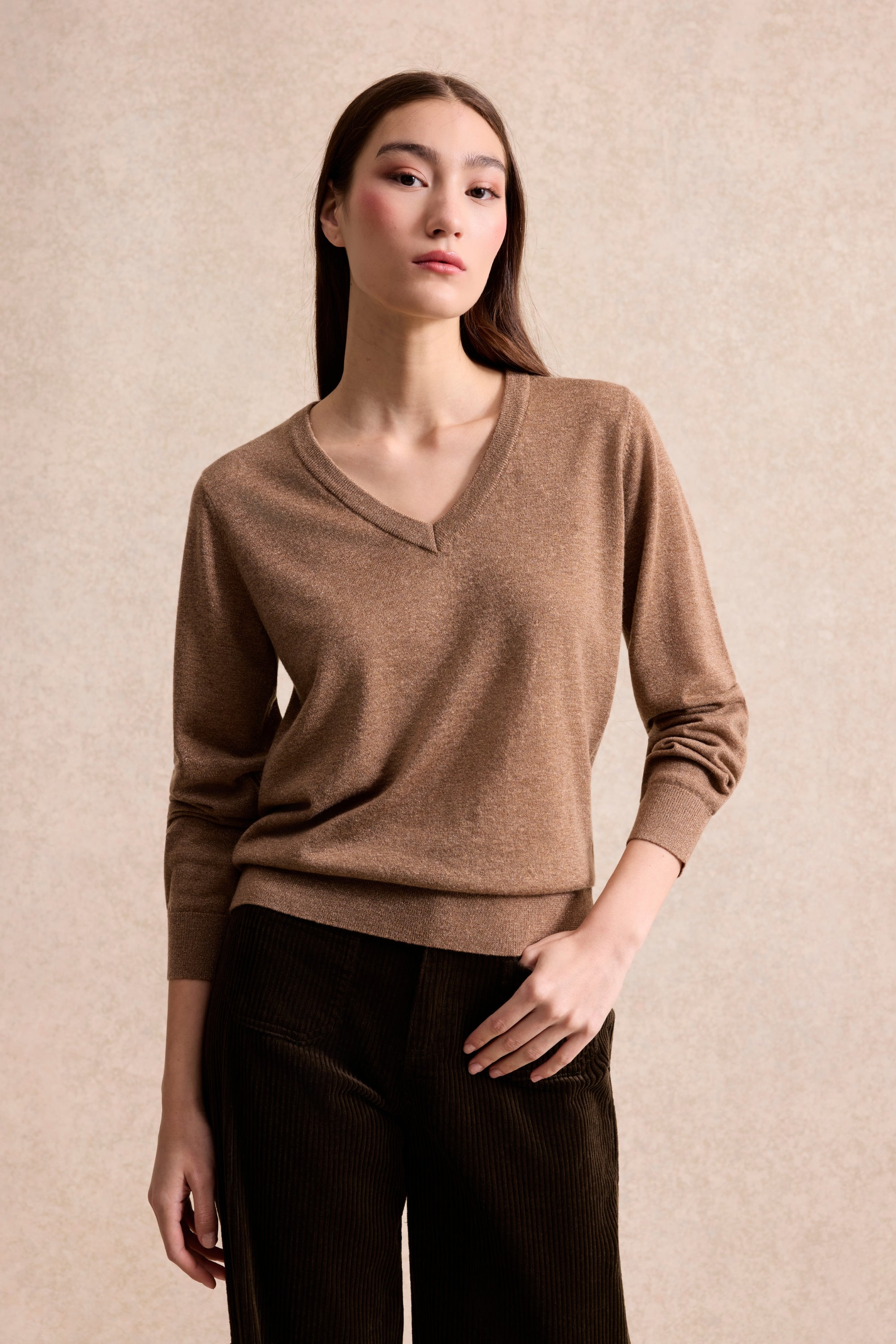Pull en maille fine col V camel