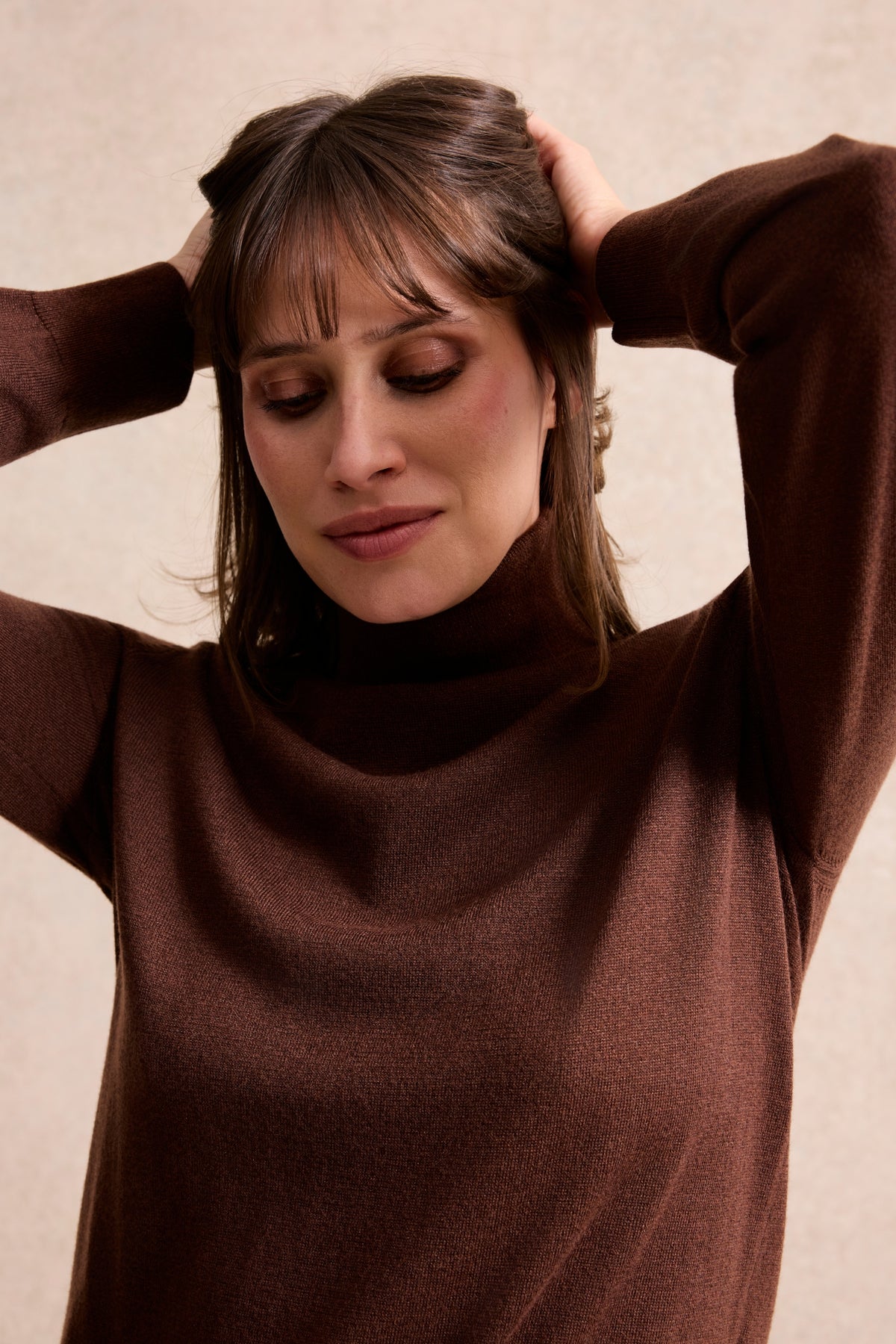 Pull col roulé en maille irisée marron