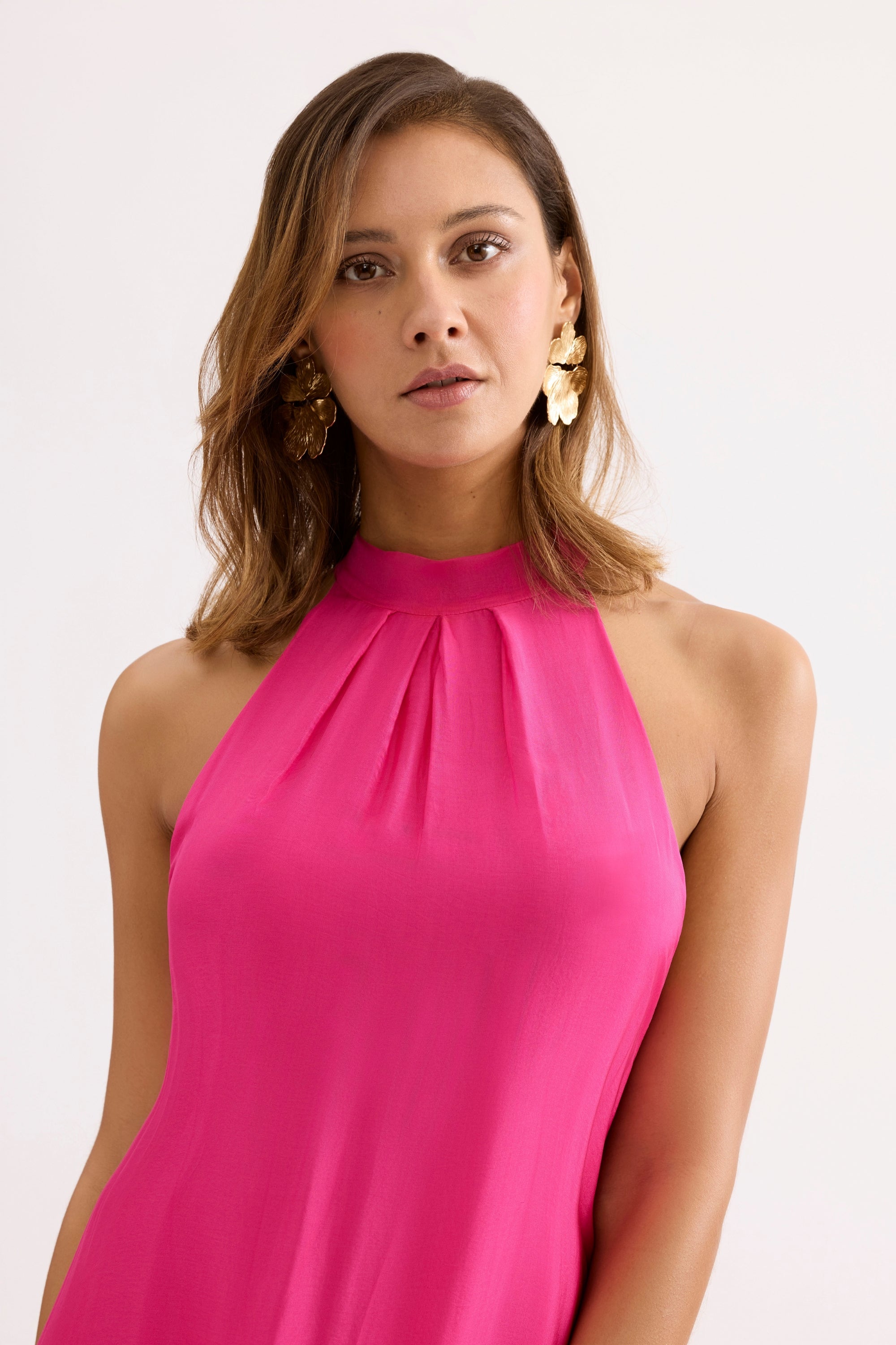 Robe longue fluide col montant rose