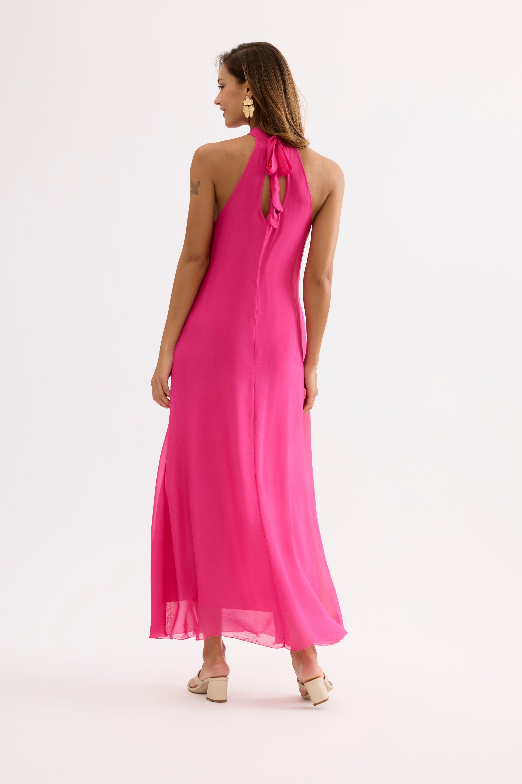 Robe longue fluide col montant rose