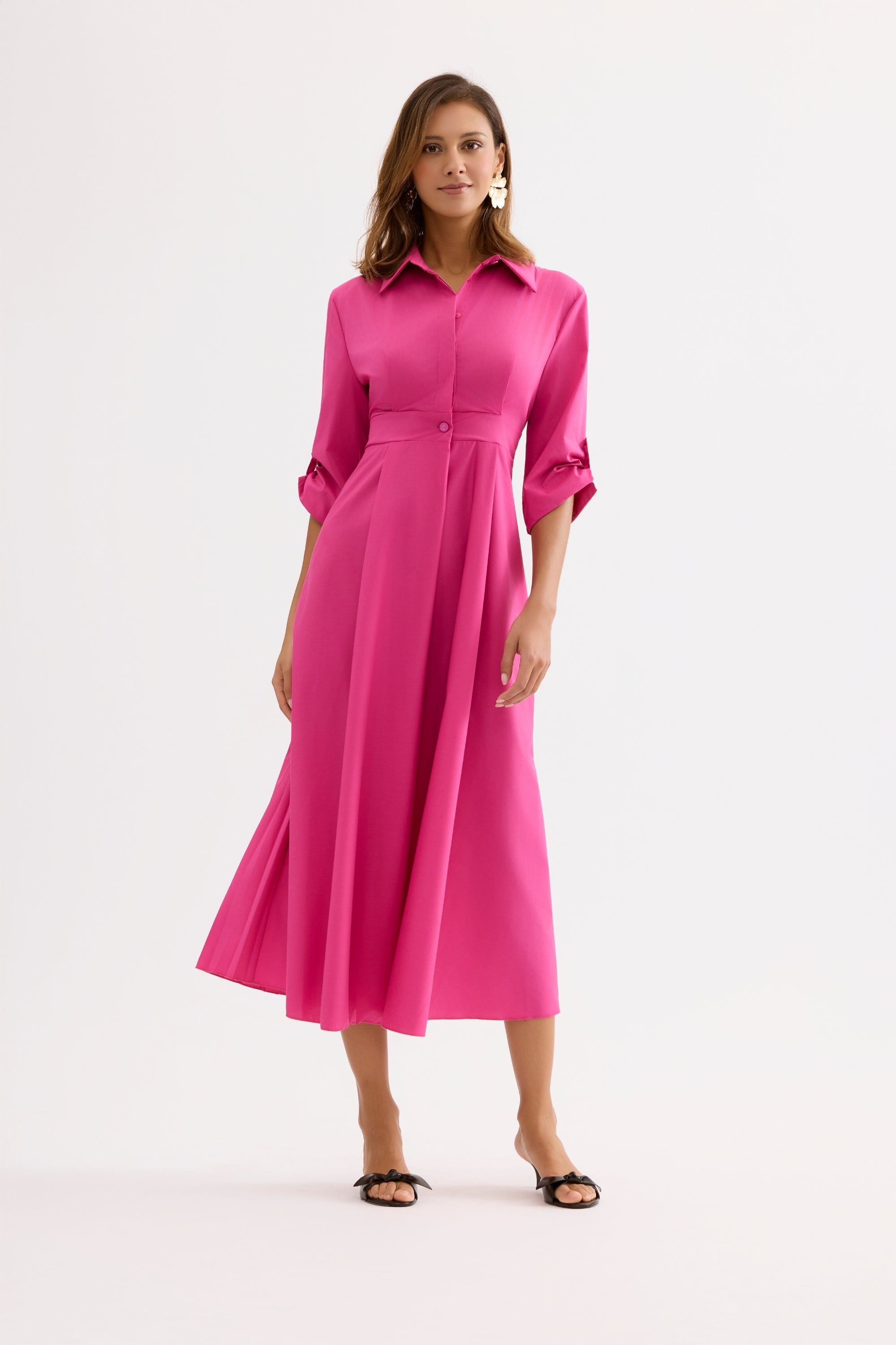 Robe longue élégante manches 3/4 rose