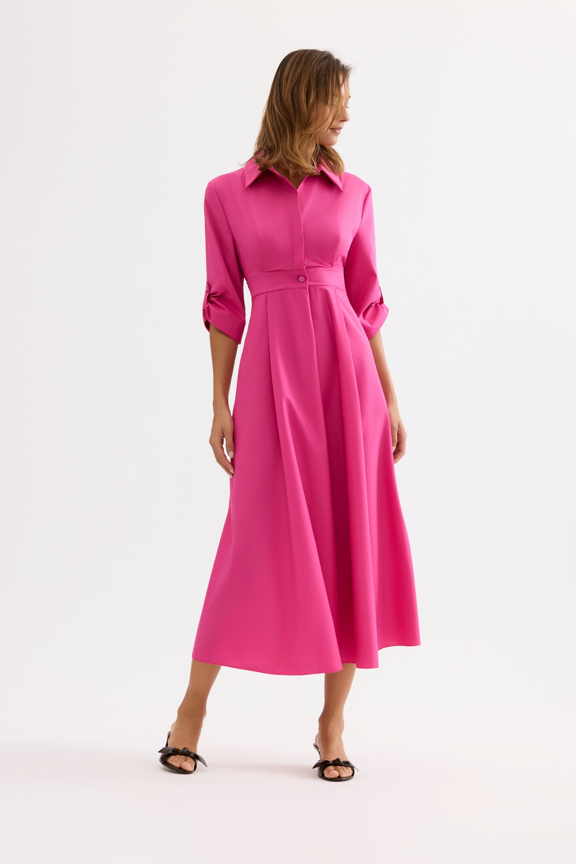 Robe longue élégante manches 3/4 rose