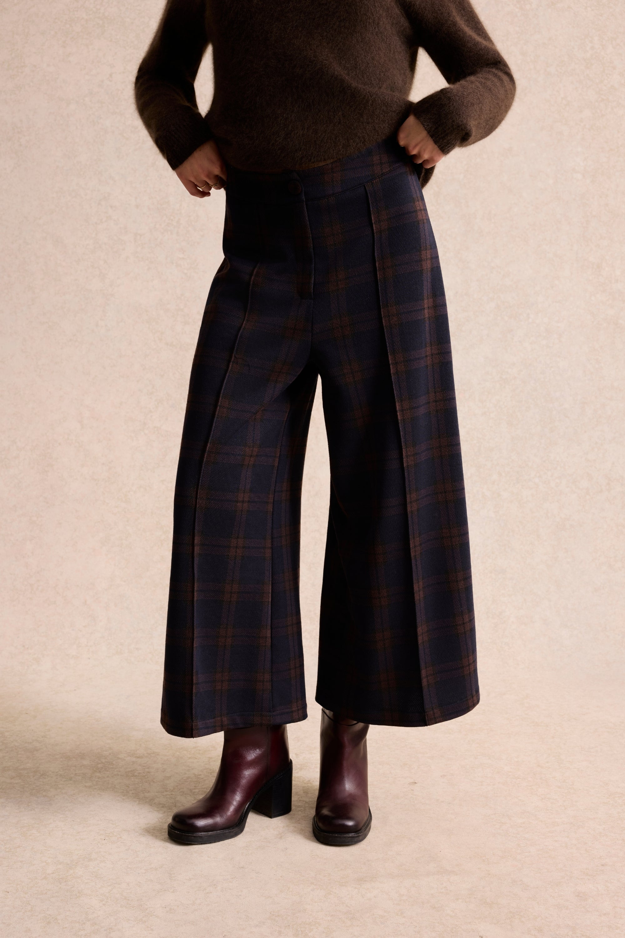 Pantalon large à carreaux marron