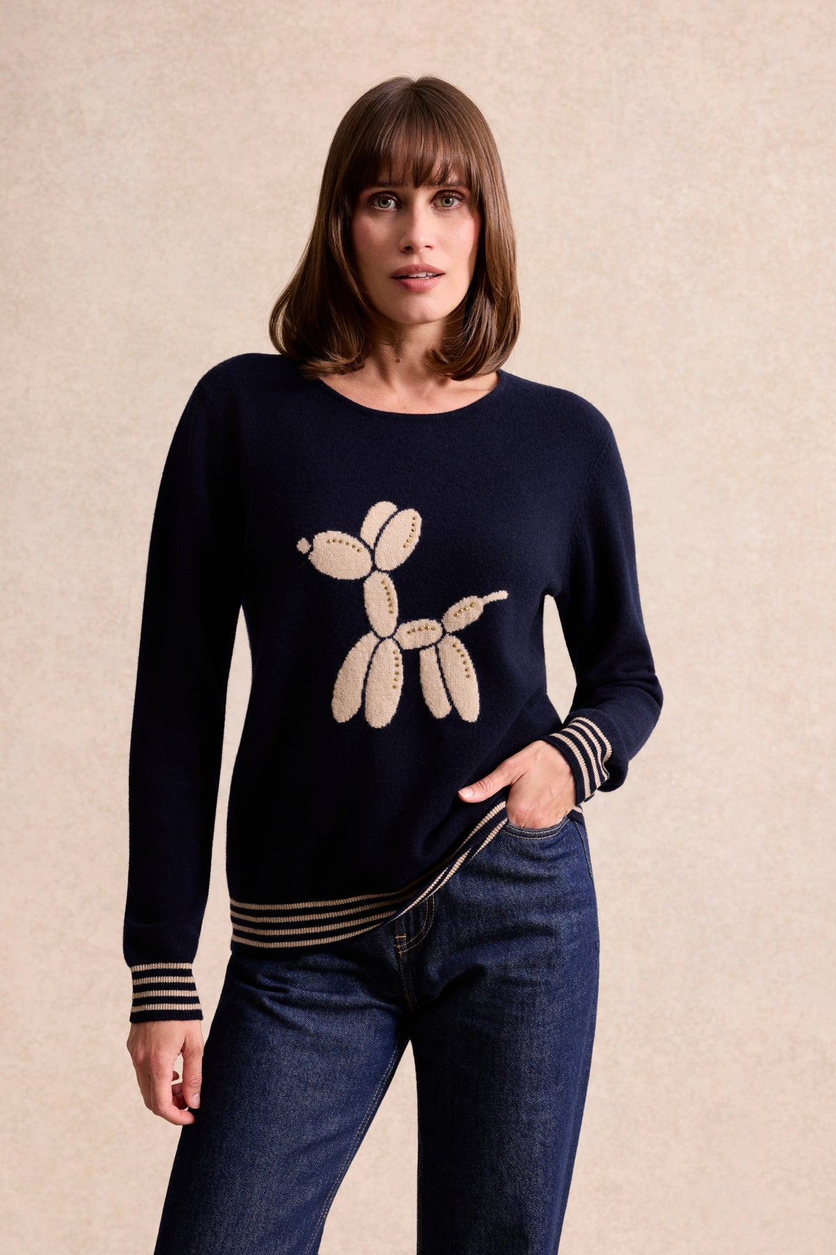 Pull 100% laine à motif chien bleu marine