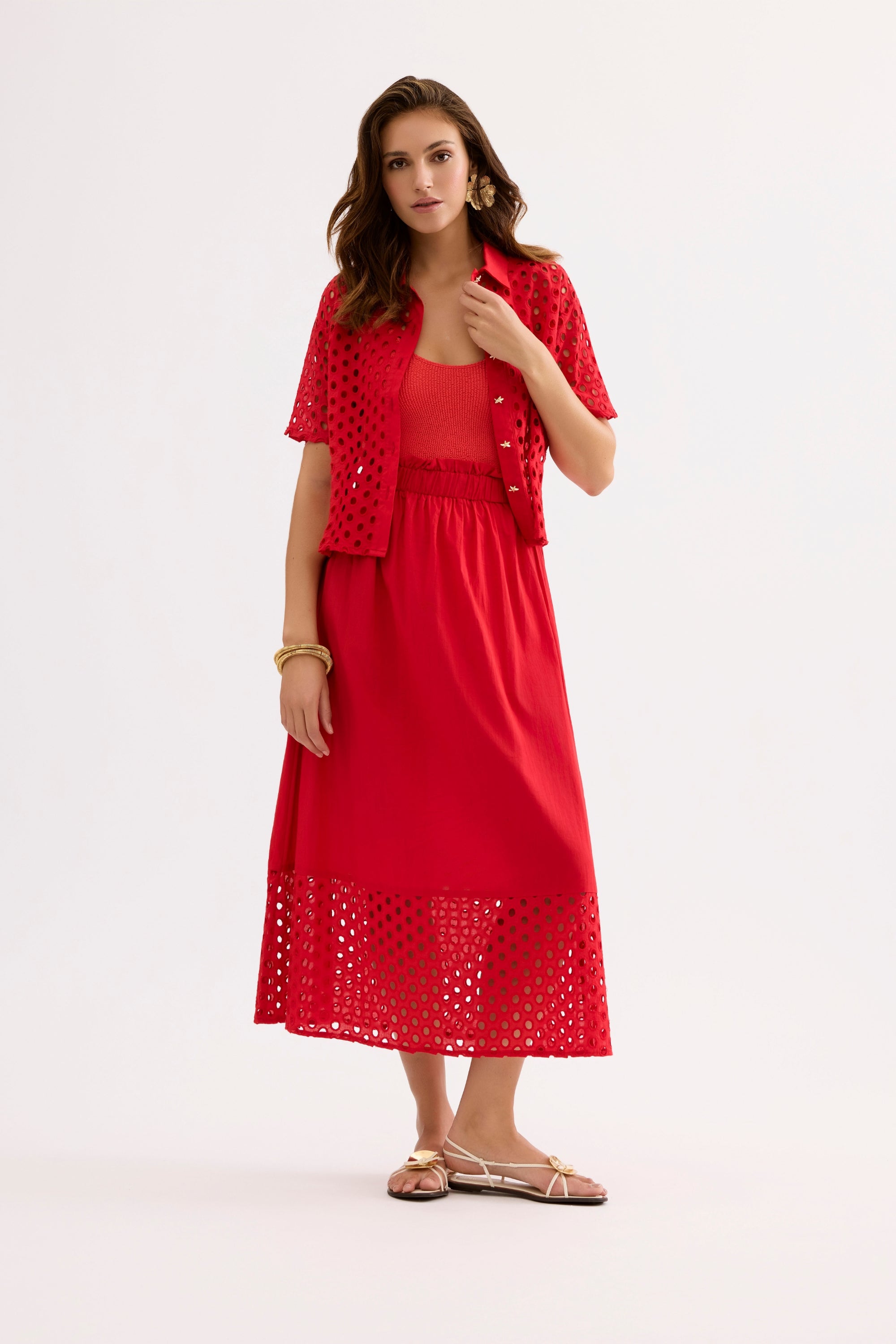 Chemise ajourée manches courtes rouge