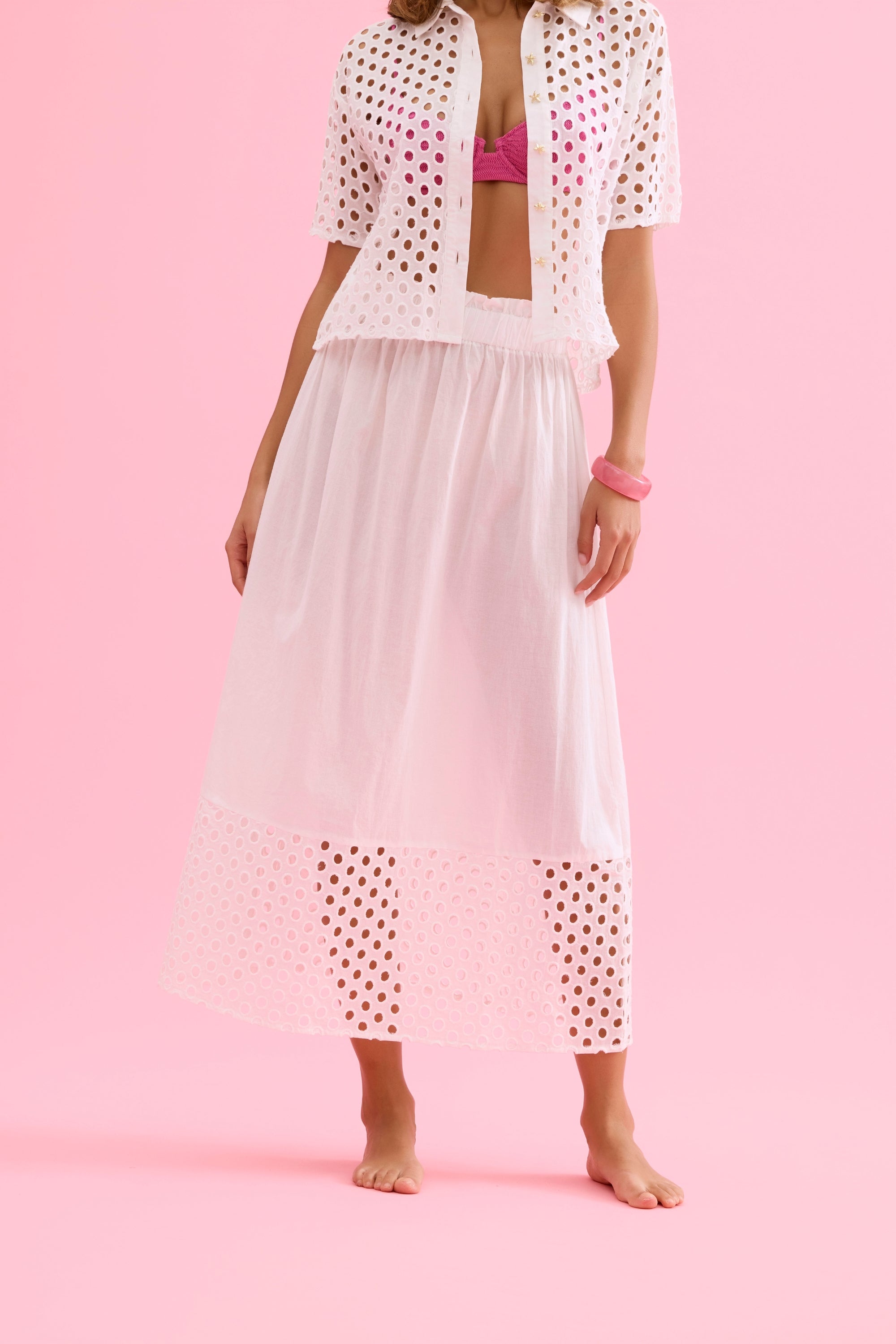 Jupe midi ajourée fluide blanc