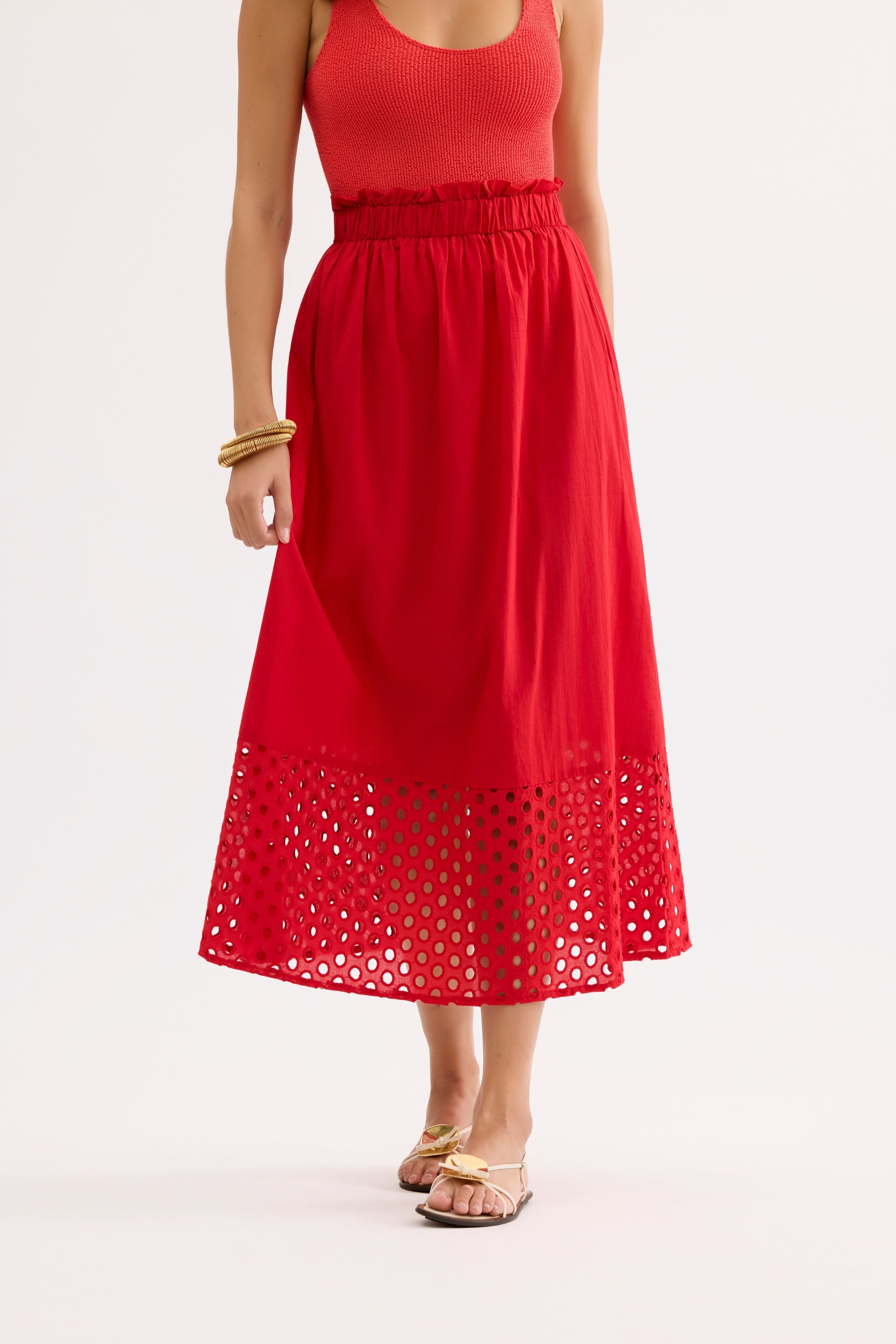 Jupe midi ajourée fluide rouge
