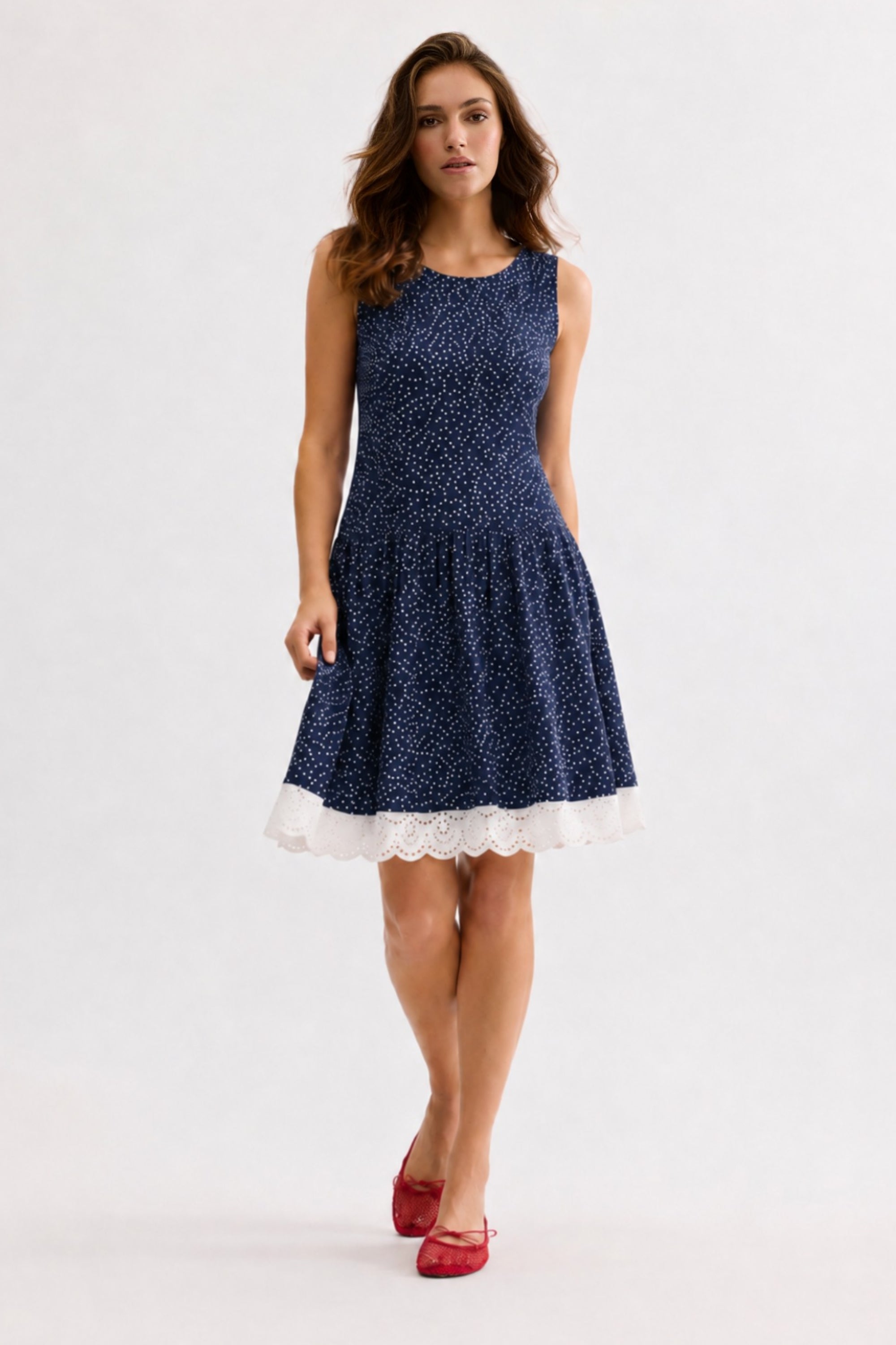 Robe sans manches à micro-pois bleu marine