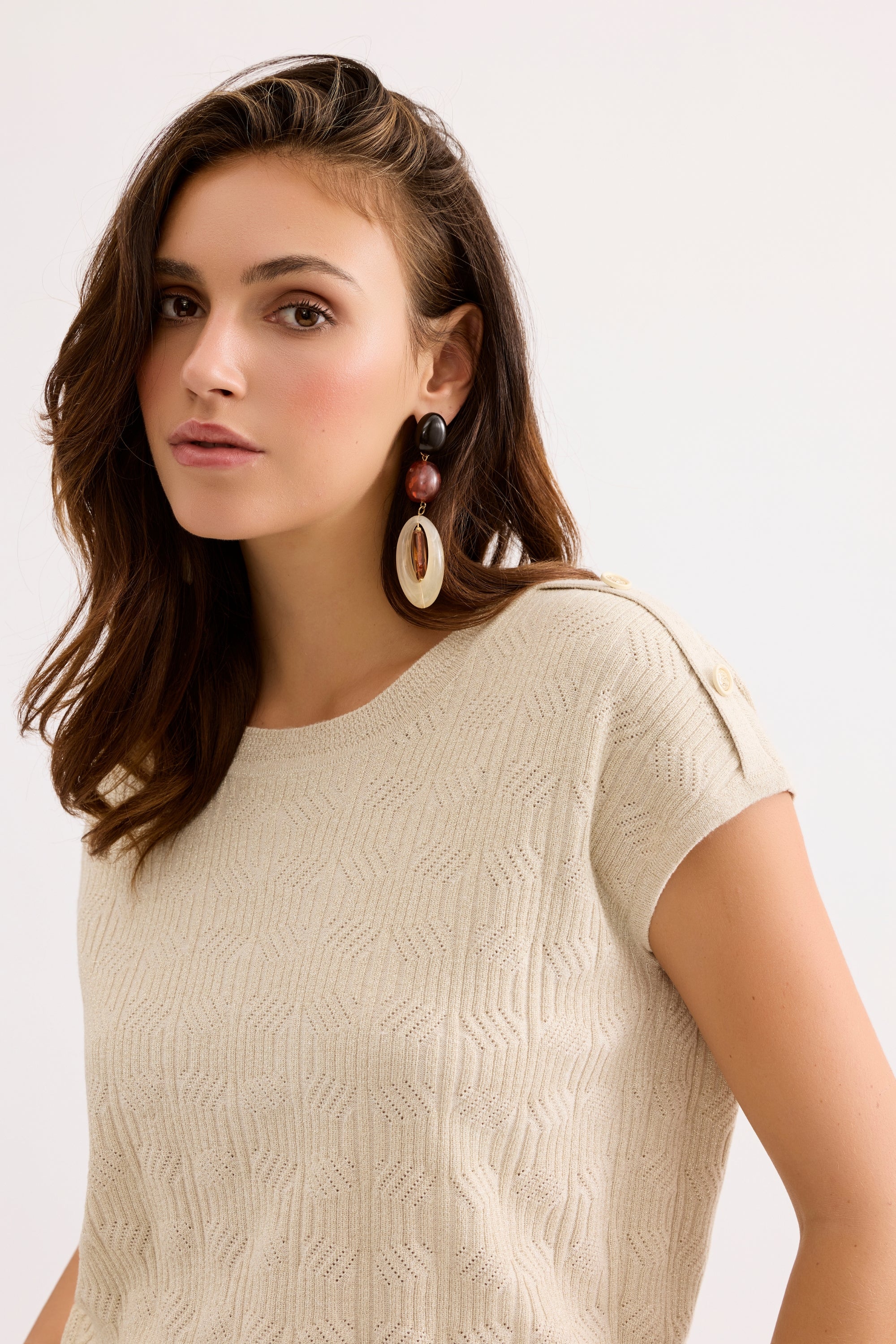 Top maille beige manches courtes