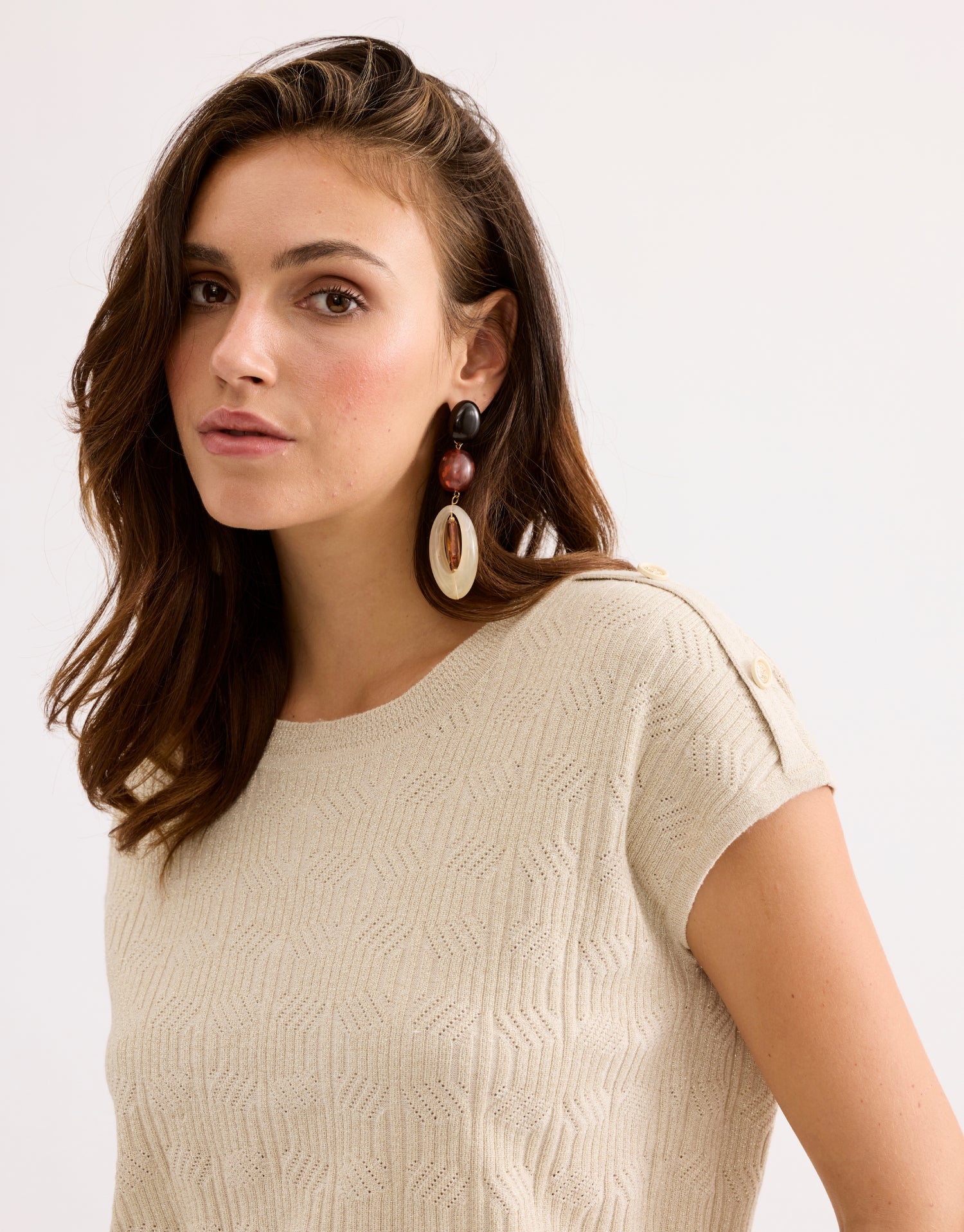 Top maille beige manches courtes