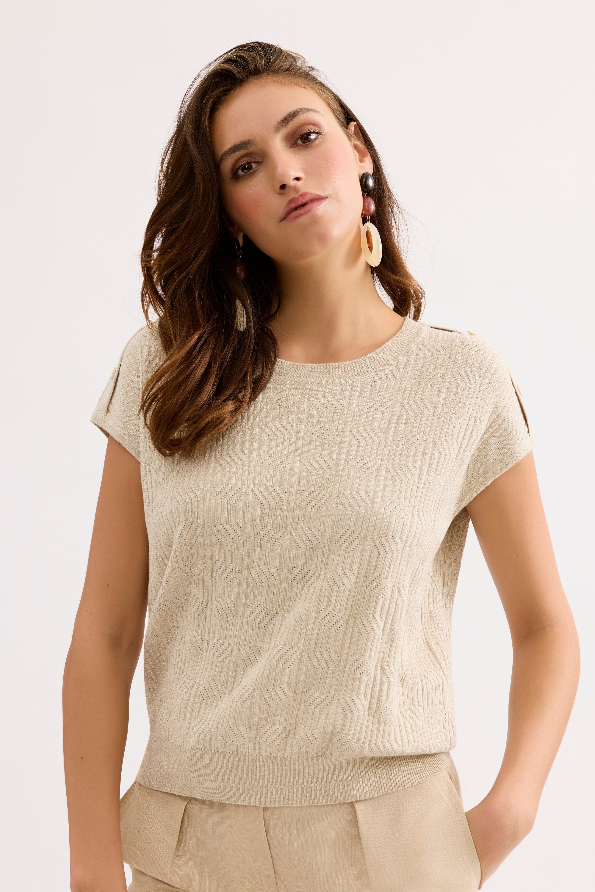Top maille beige manches courtes