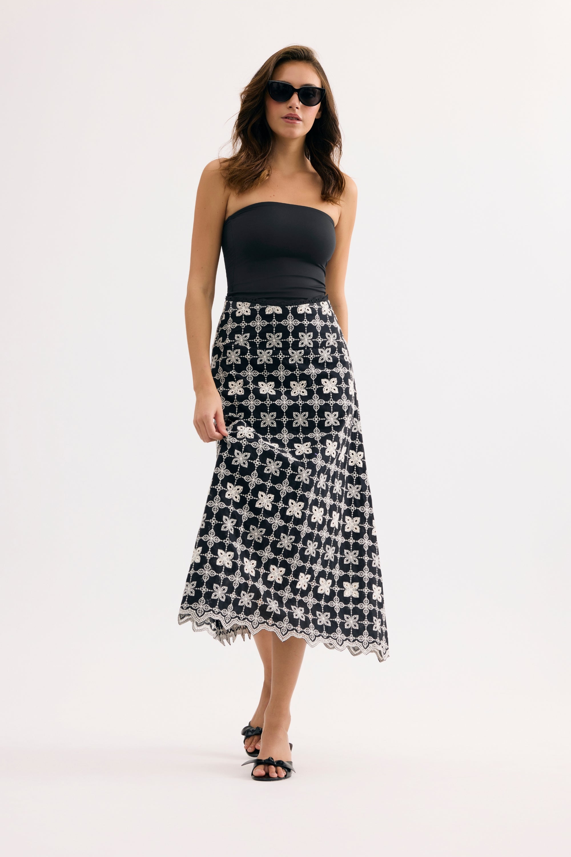 Jupe midi imprimée détail dentelle