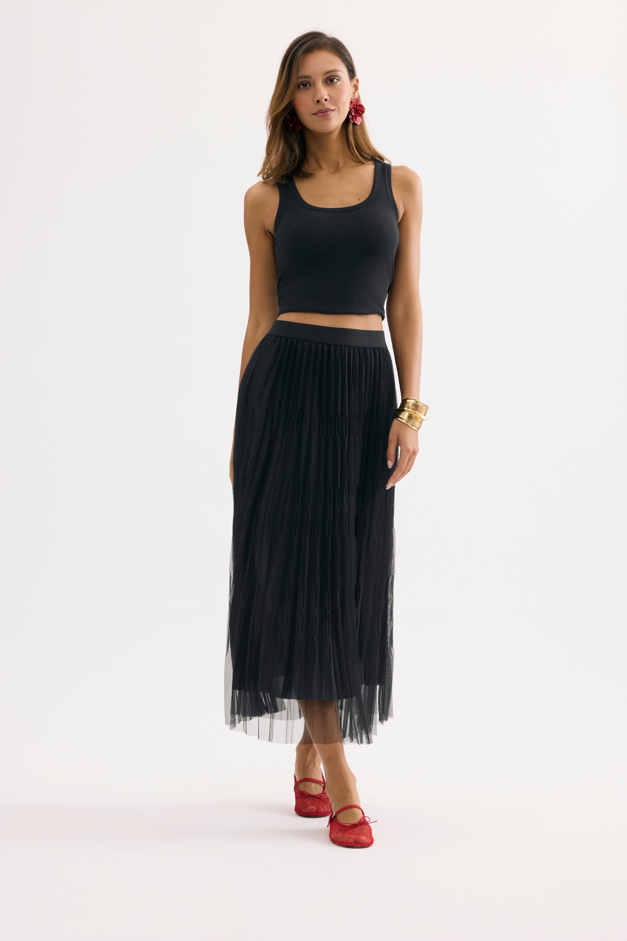 Jupe midi plissée en tulle noire