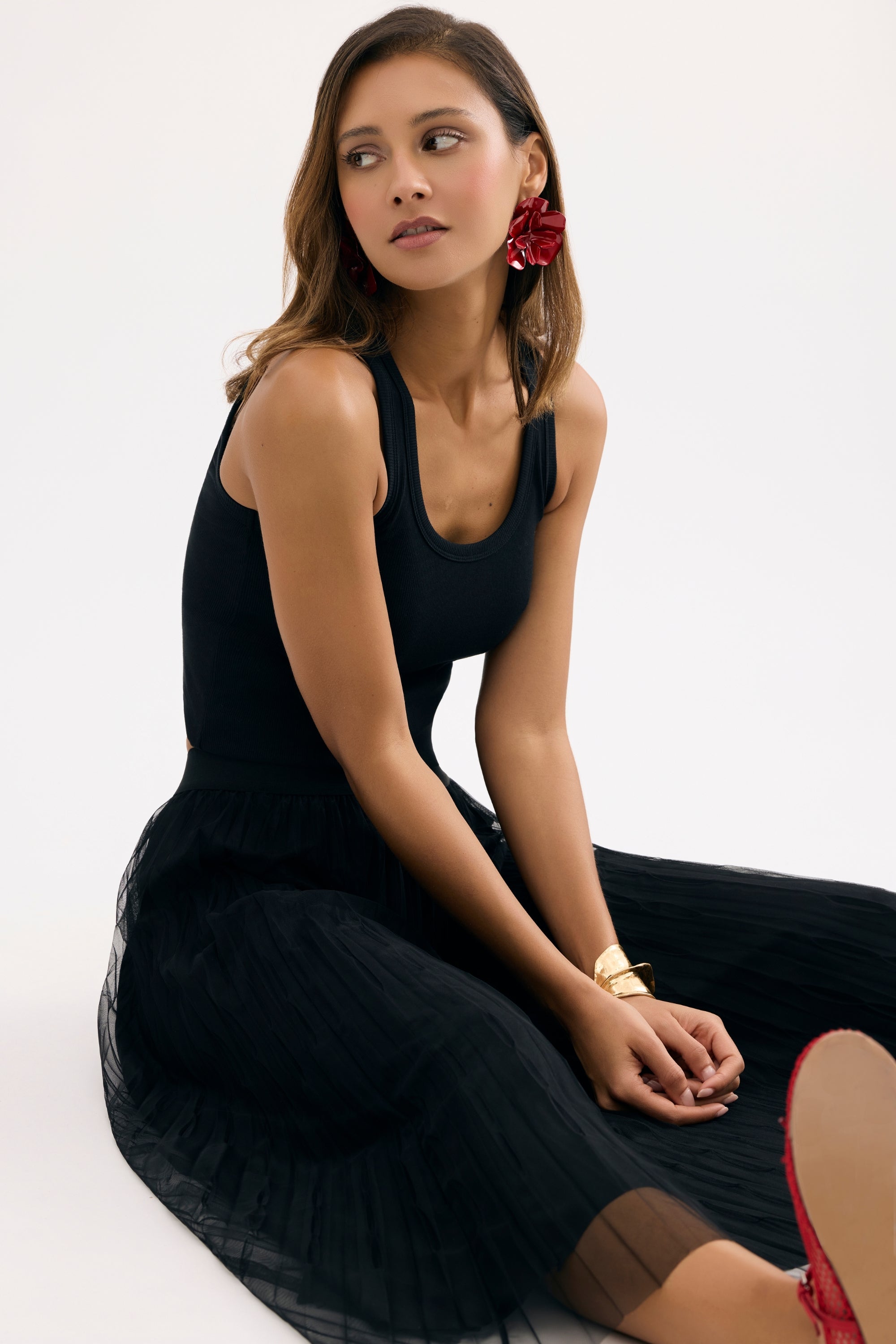 Jupe midi plissée en tulle noire