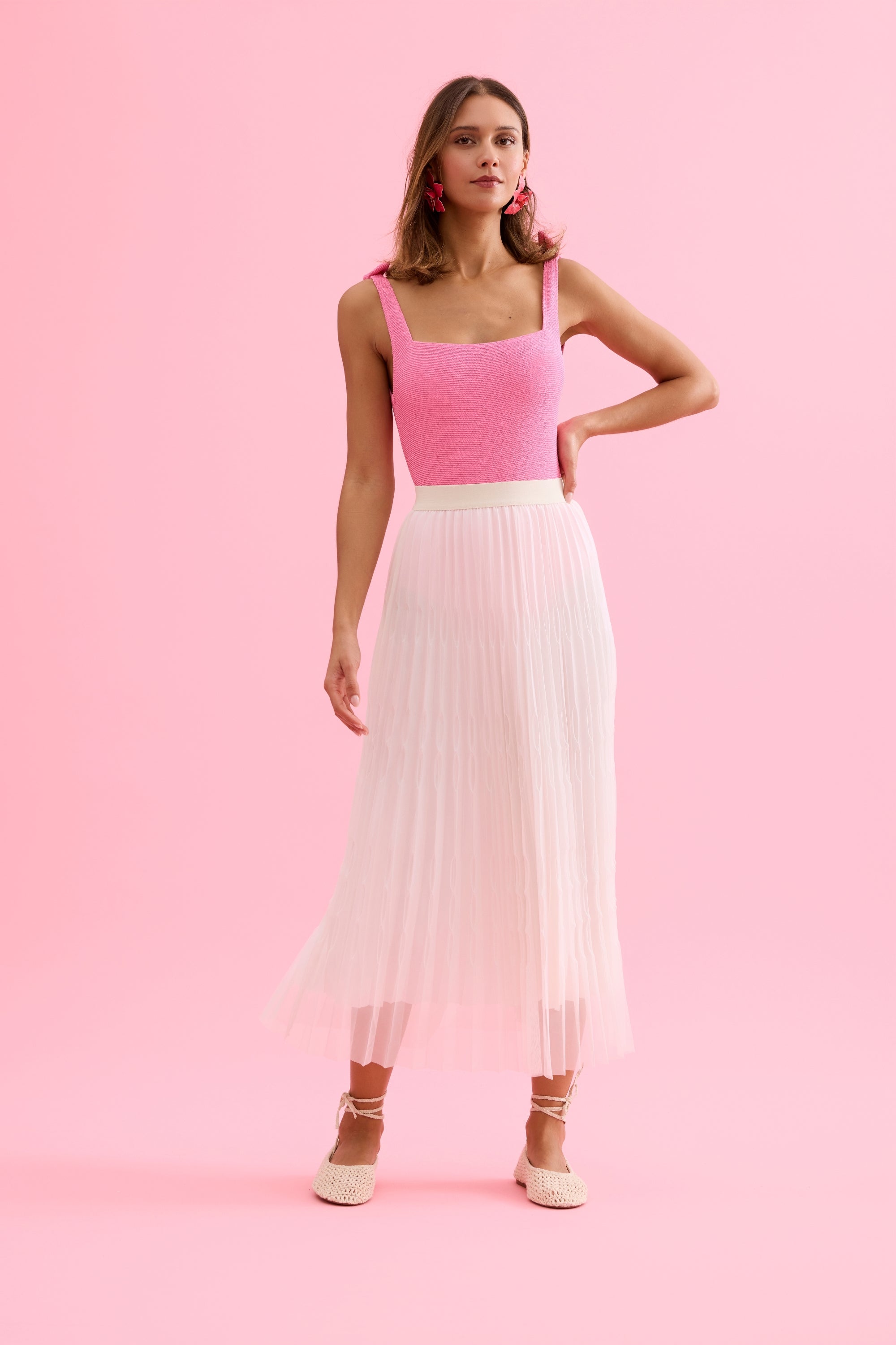 Jupe midi plissée en tulle écru