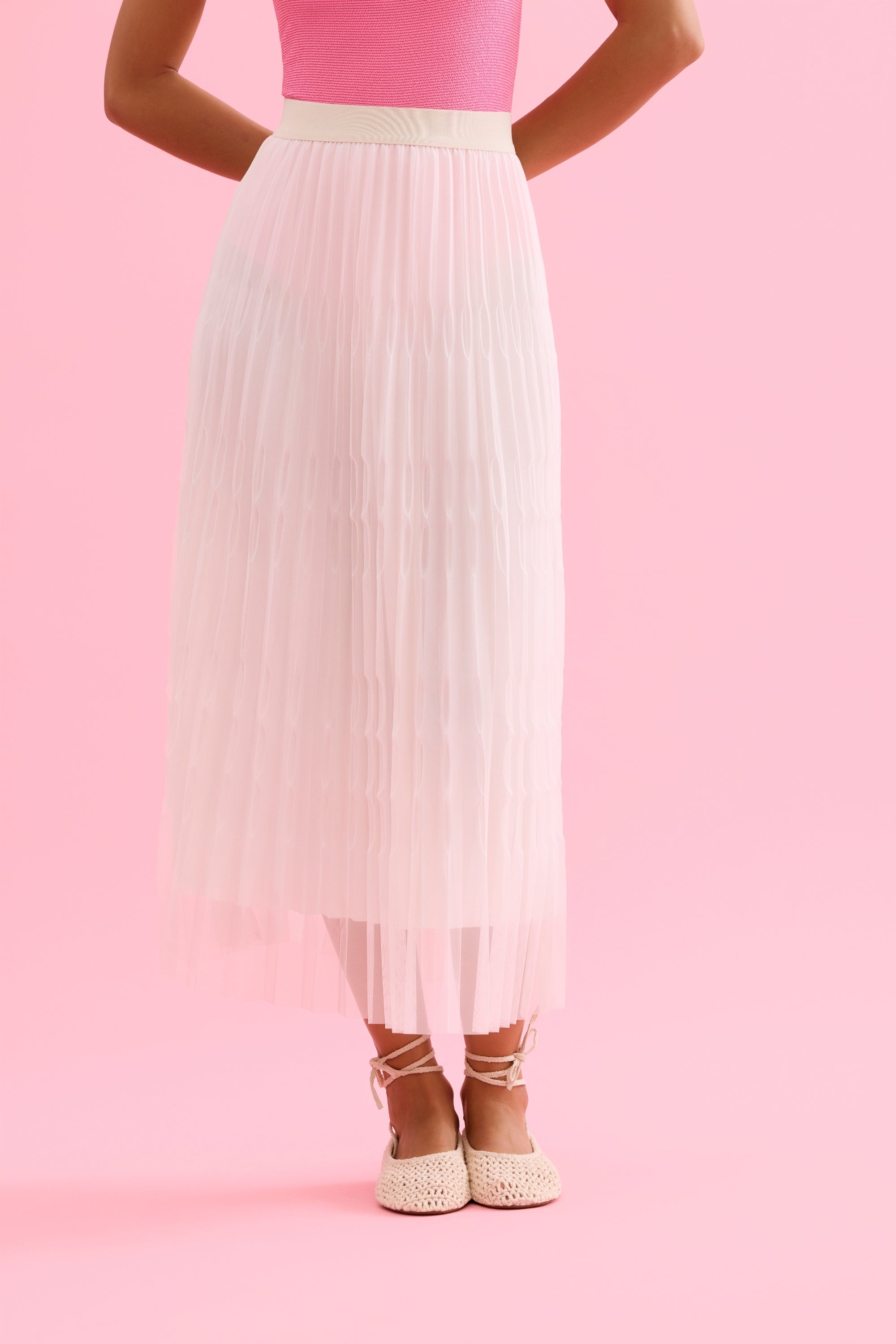 Jupe midi plissée en tulle écru