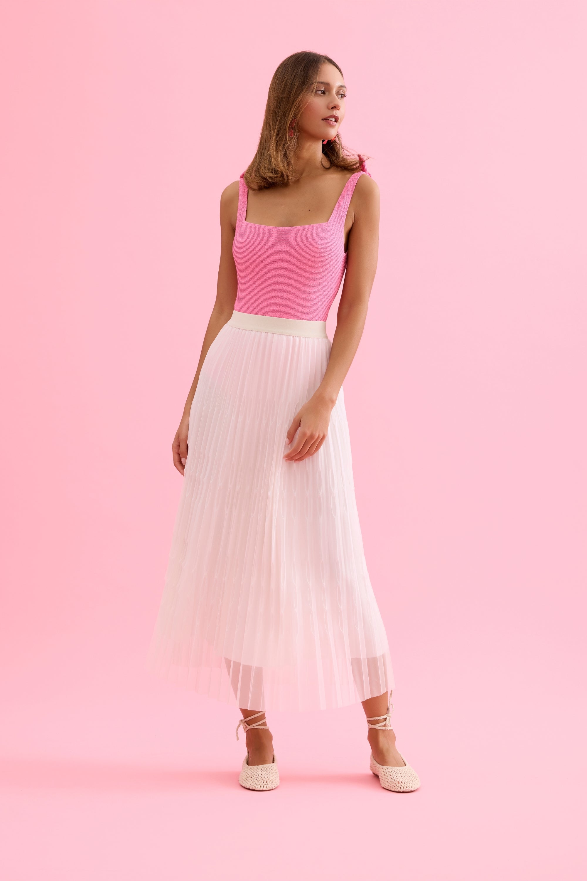 Jupe midi plissée en tulle écru